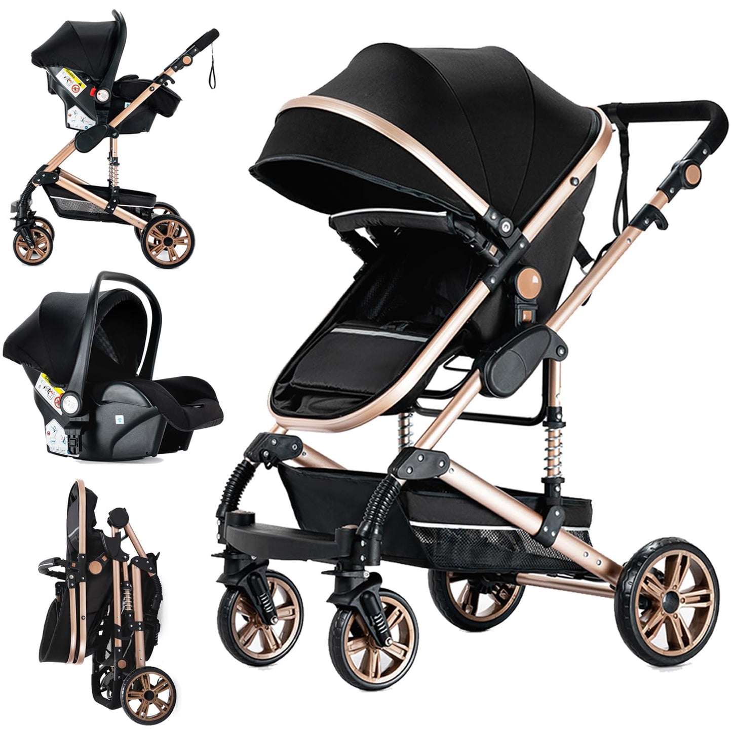 Doraystar 360° Rotation PU Leather Pushchair 3-in-1 Combination Pushchair 3-in-1 with Two Reversible Sliding Modes, Pushchair Complete Set with One-Click Folding Design, Aluminium Alloy Frame (906