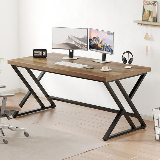 LVB Modern Computer Desk Industrial Home Office with Storage Space Metal Wood Desk Study Computer Desk for Bedroom Simple Gaming Desk Rustic Brown