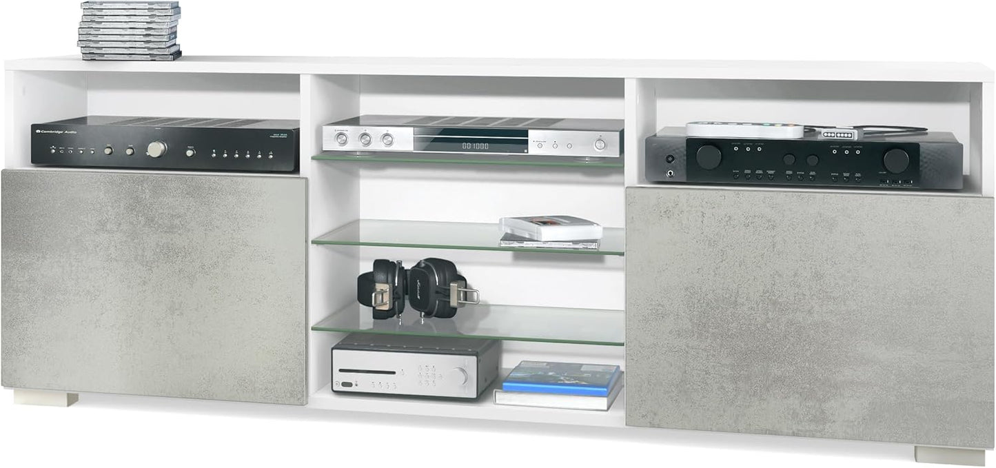 Vladon Granada TV Board Lowboard with 2 Doors and 6 Open Compartments, Matt White Body, Fronts in Sand Grey High Gloss (146 x 54 x 35 cm)