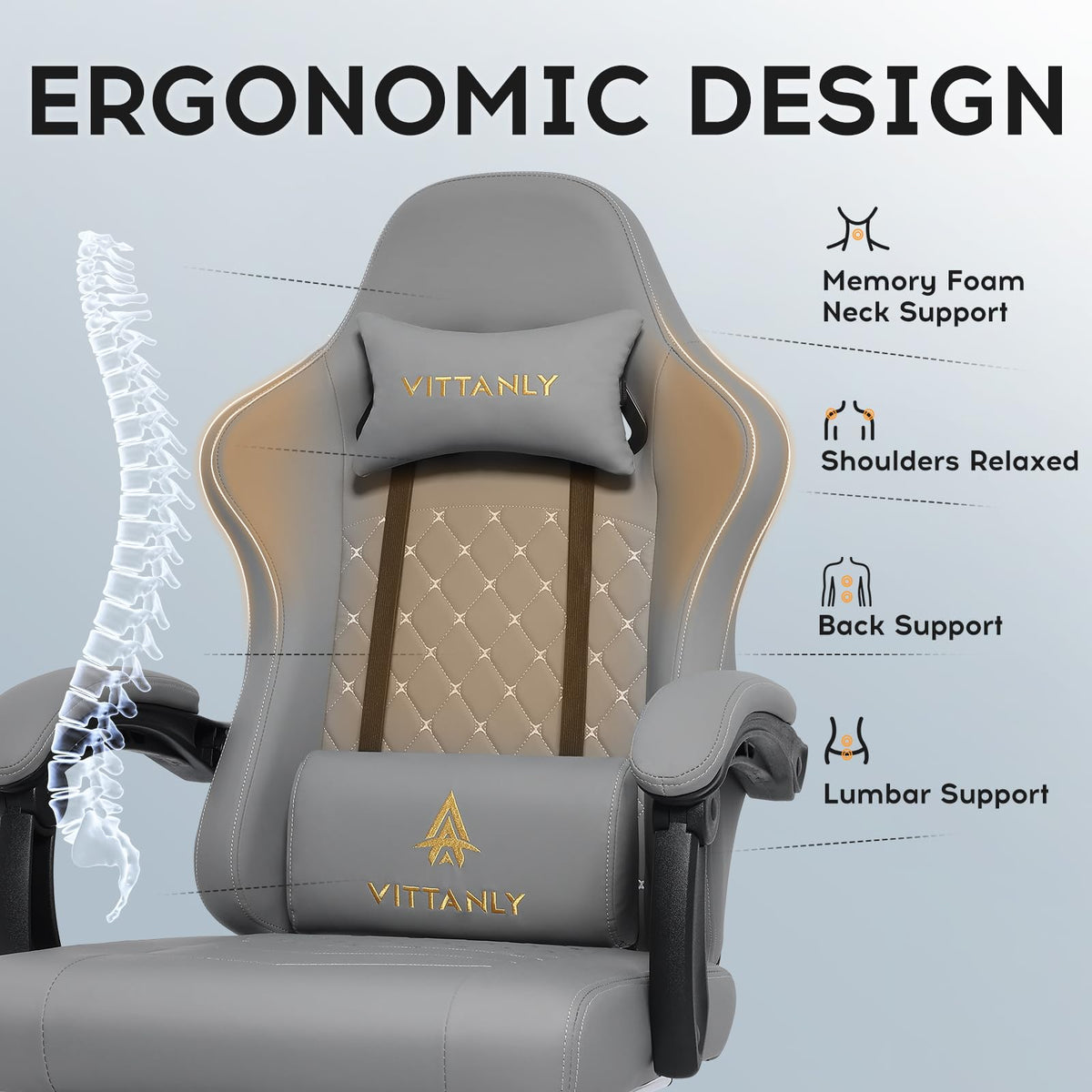 Vittanly Gaming Chair with Spring Cushion, Ergonomic Gaming Chair, Gamer Chair with Headrest, Lumbar Cushion and Footrest, Height-Adjustable Rotating Gaming Chair, Office Chair, 150 kg, Black