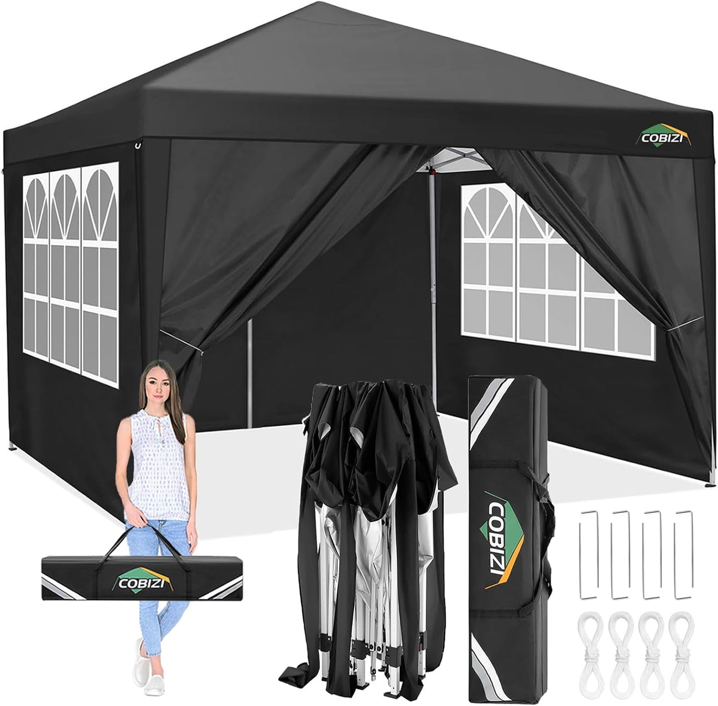 COBIZI Gazebo 3 x 6 Folding Gazebo Waterproof Stable Winterproof Foldable Party Tent with 6 Side Panels Pop Up Garden Gazebo UV Protection 50+ Height Adjustable for Beach Wedding Camping White