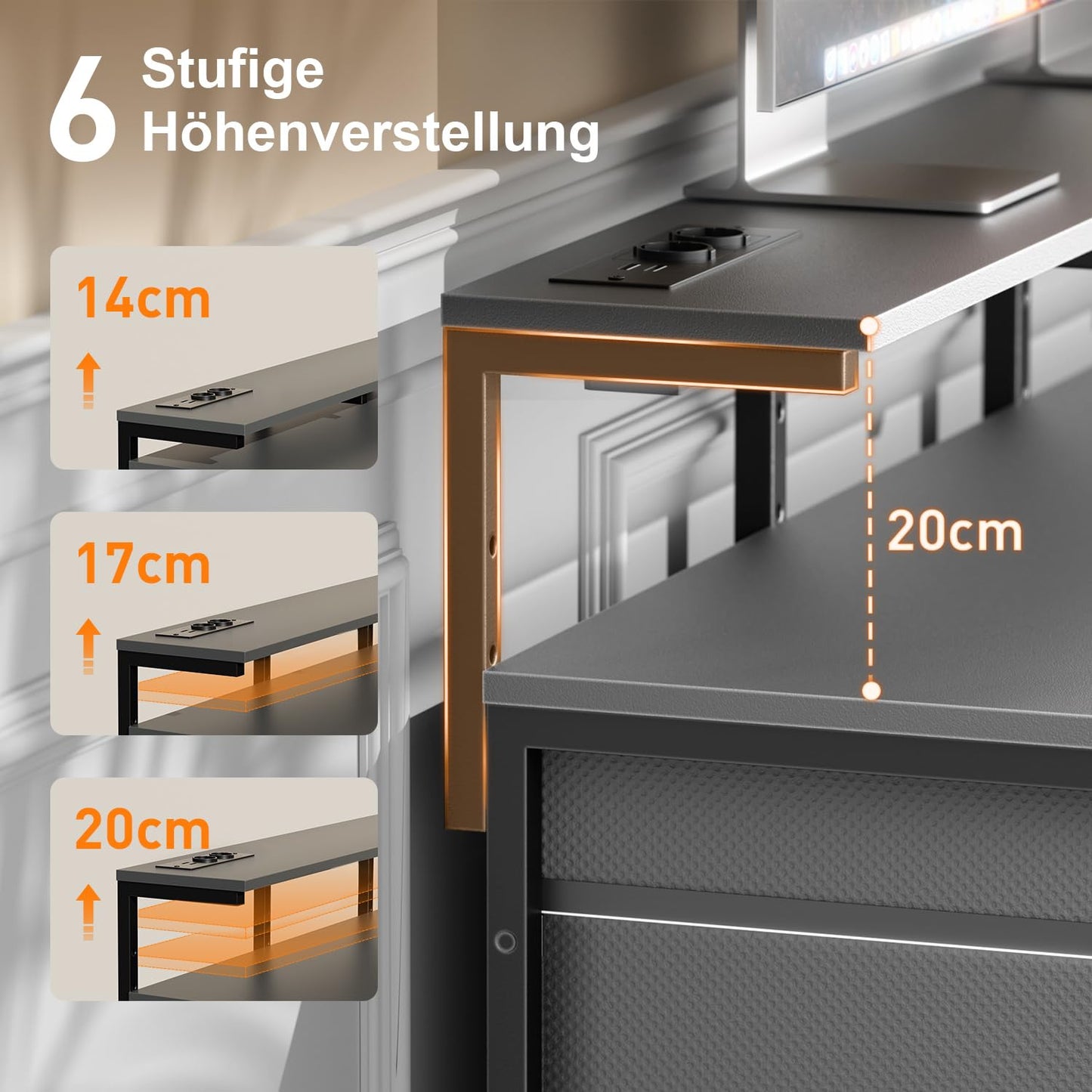 Schreibtisch mit 8 Schubladen, Computertisch mit 2 Steckdosen und 2 USB Ladeanschluss, Bürotisch mit LED und Monitorständer, PC Tisch für Büro, Wohnzimmer, 120 x 50 x 74 cm, Weiß