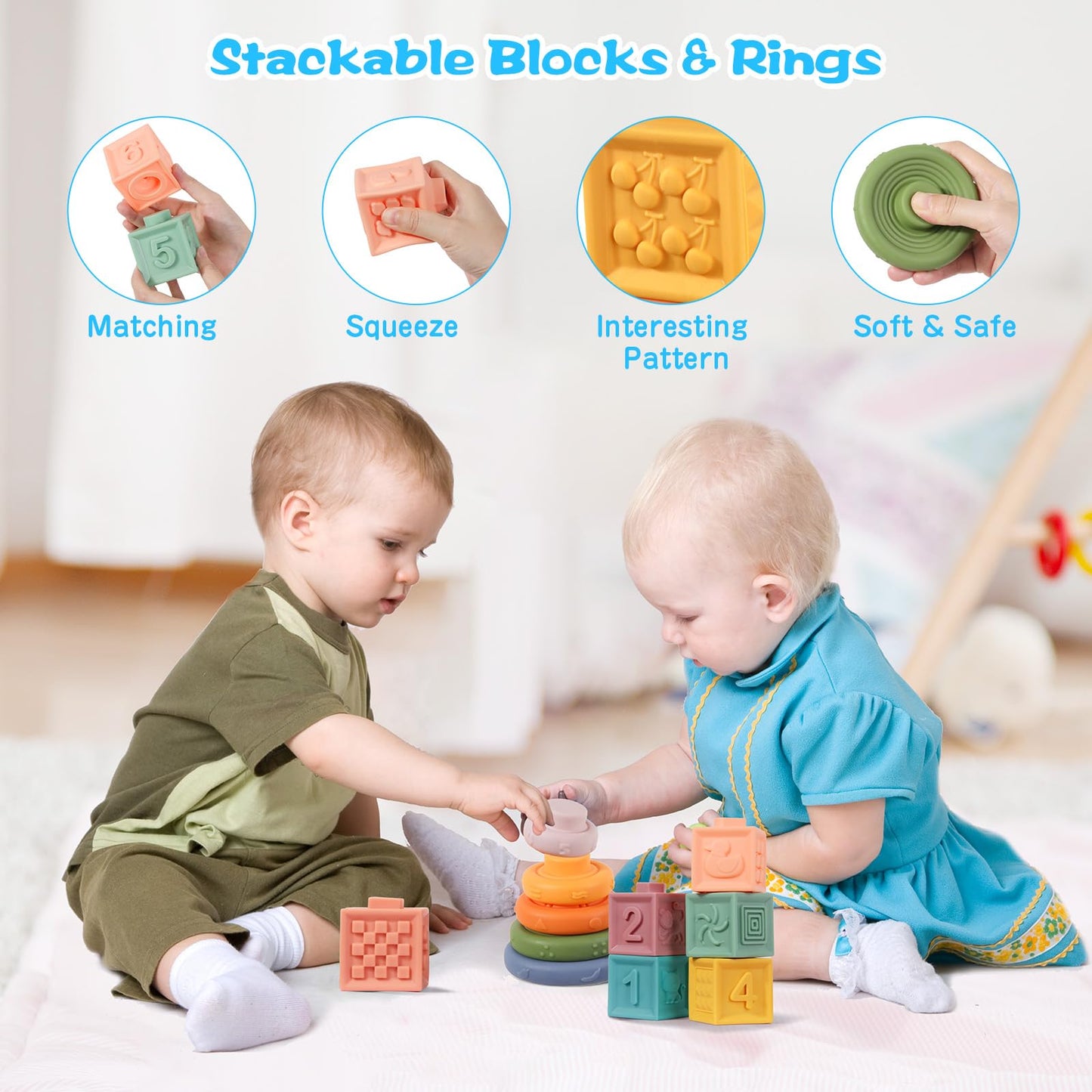 Richday Montessori Spielzeug Baby,Baby Spielzeug 6 Monate,8 in 1 Montessori Motorikspielzeug Stapeln Baublöcke Sensorischer Lernspielzeug für Kleinkinder Passende Eier, Saugnapf-Kreiselspielzeug