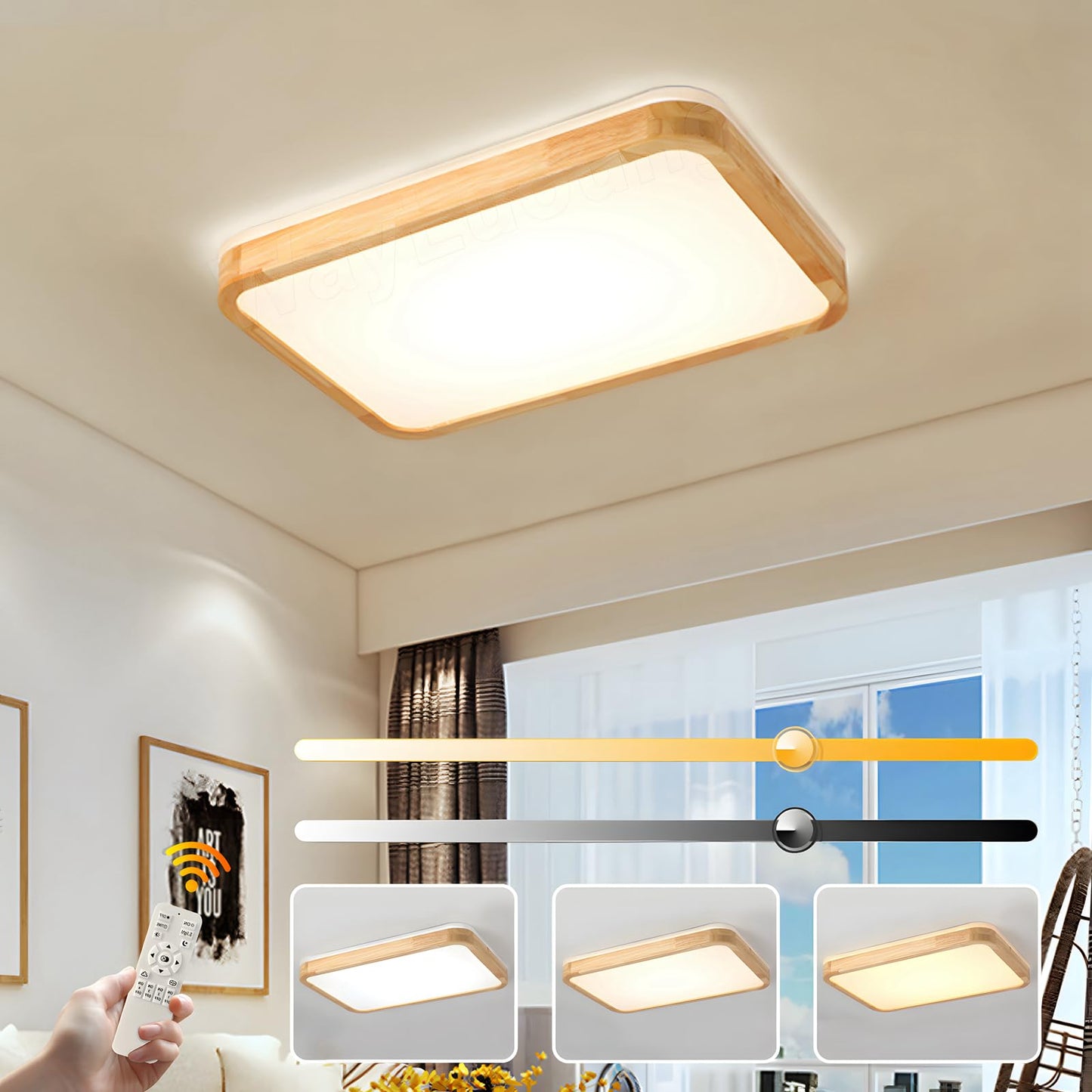 LED Wooden Ceiling Light, Diameter 30 cm, 3000 K, 1620 lm, 18 W, Ceiling Light with Square Top, 360° Luminous Natural Wood, Bedroom, Living Room, Children's Room, Kitchen, Dining Room (Warm White)