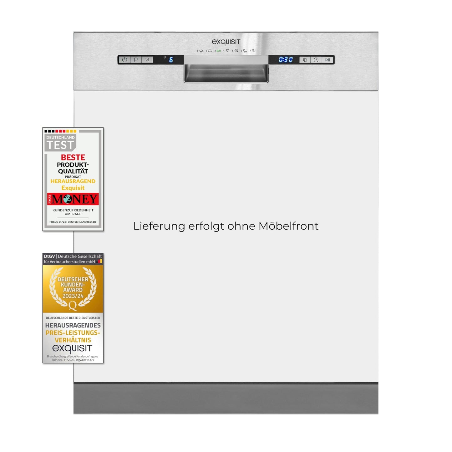 Exquisit PLUS EGSP2113-EB-030E Built-in Dishwasher, Partially Integrated, 60 cm, 13 Place Settings, Start Time Delay, LED Display, inox