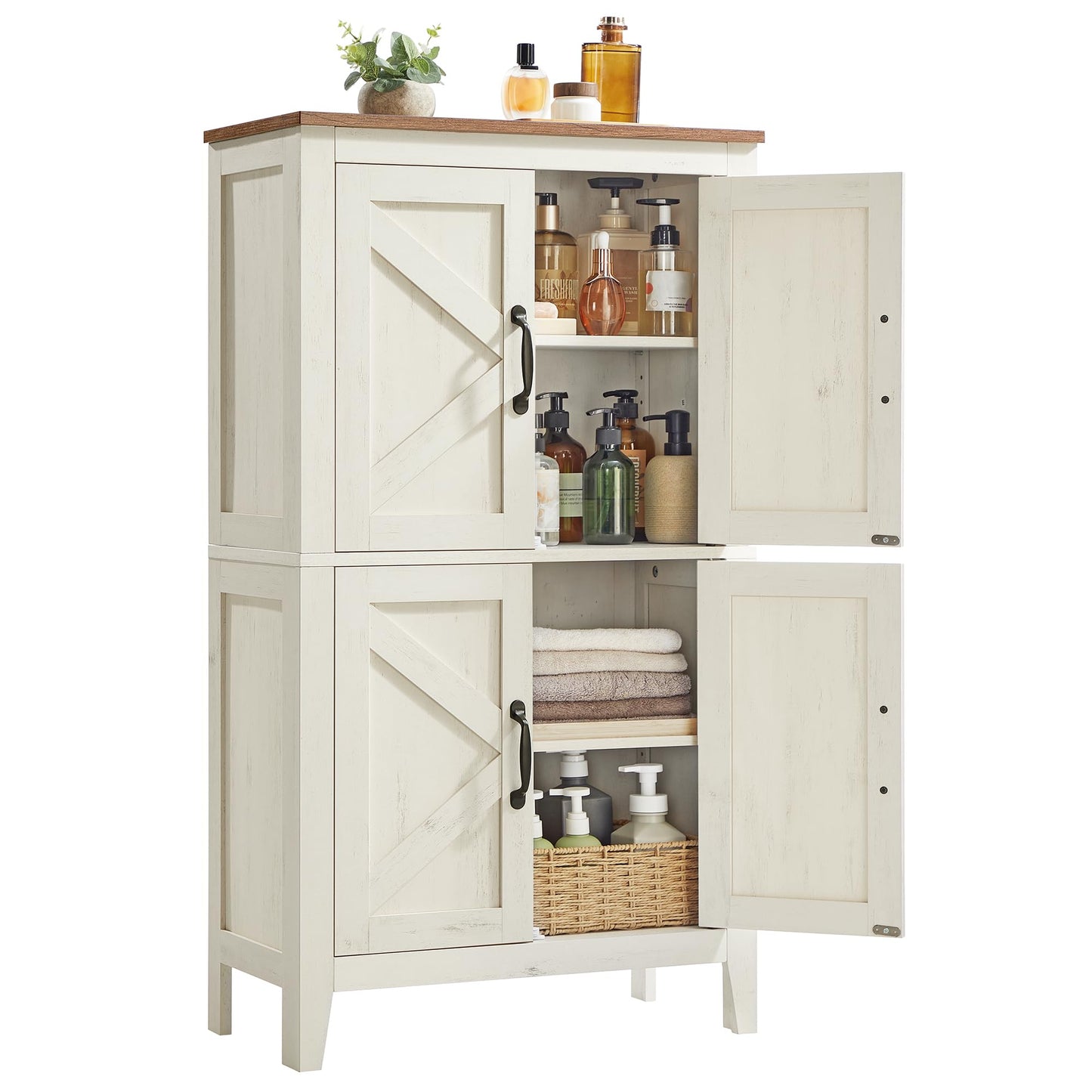 VASAGLE LIRY Kollektion - Aufbewahrungsschrank im Landhausstil, Badschrank mit Türen, freistehende Küchenschrank, verstellbare Ablagen, Esszimmer, Wohnzimmer, vintageweiß BBK773W01