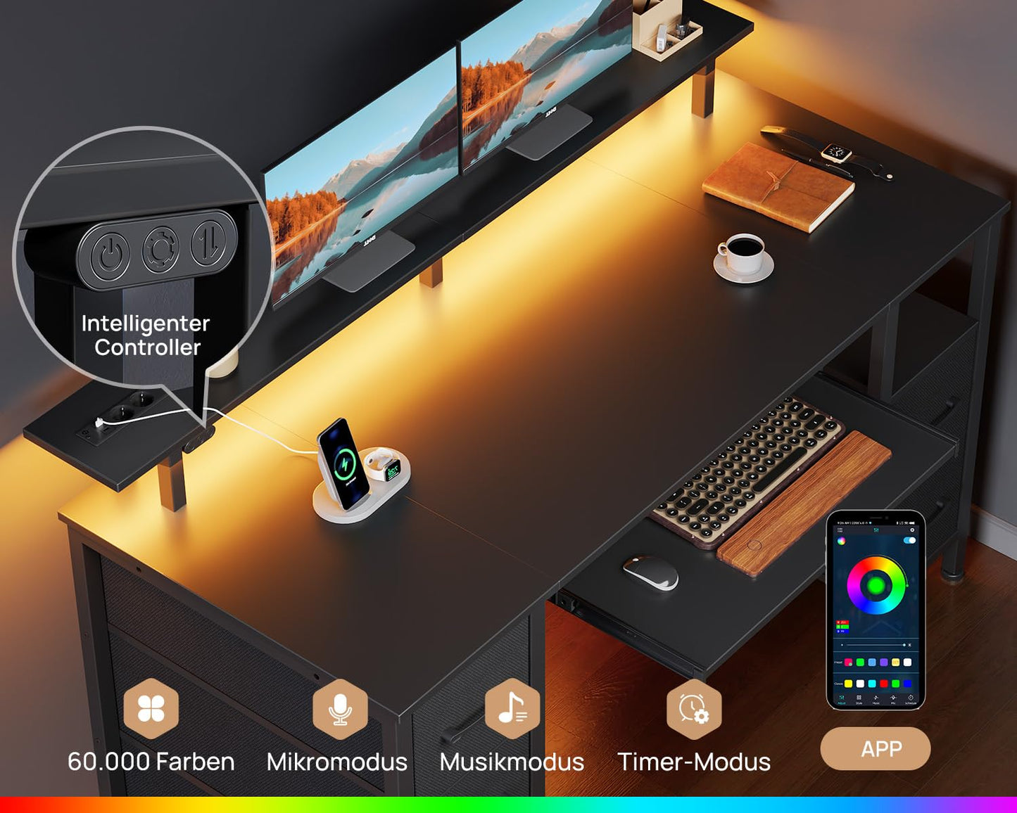 Rolanstar Desk with Drawers, 120 x 47 cm Gaming Table with Socket, LED & Monitor Stand, Computer Desk with Keyboard Tray, Gaming Desk for Home Office, Office, Living Room, White