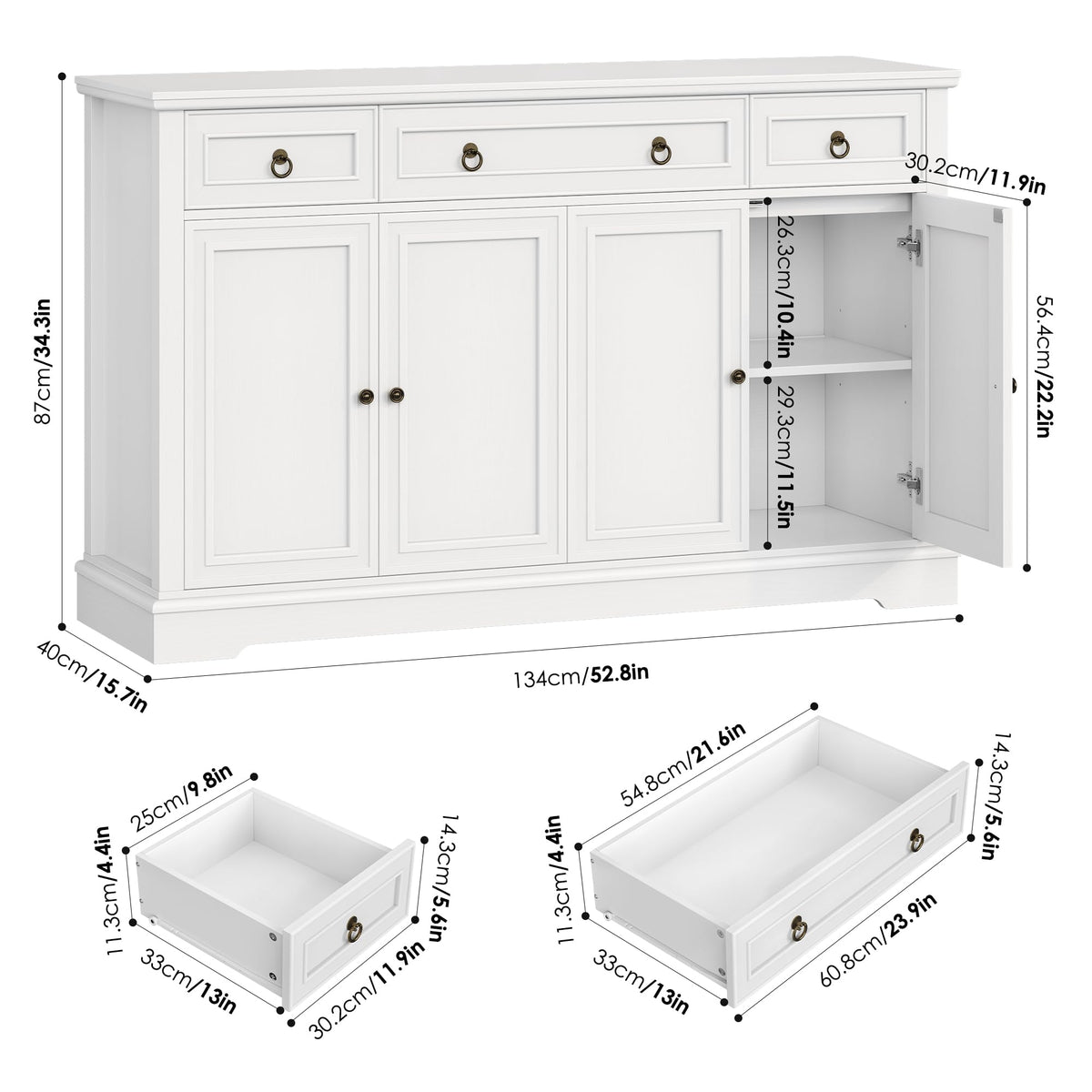 FirFurd Sideboard Kitchen Cabinet with Worktop Buffet Cabinet Sideboard for Kitchen Living Room Cabinet with 3 Drawers and 4 Doors Kitchen Buffet with Adjustable Shelf 134 x 87 x 40 cm White