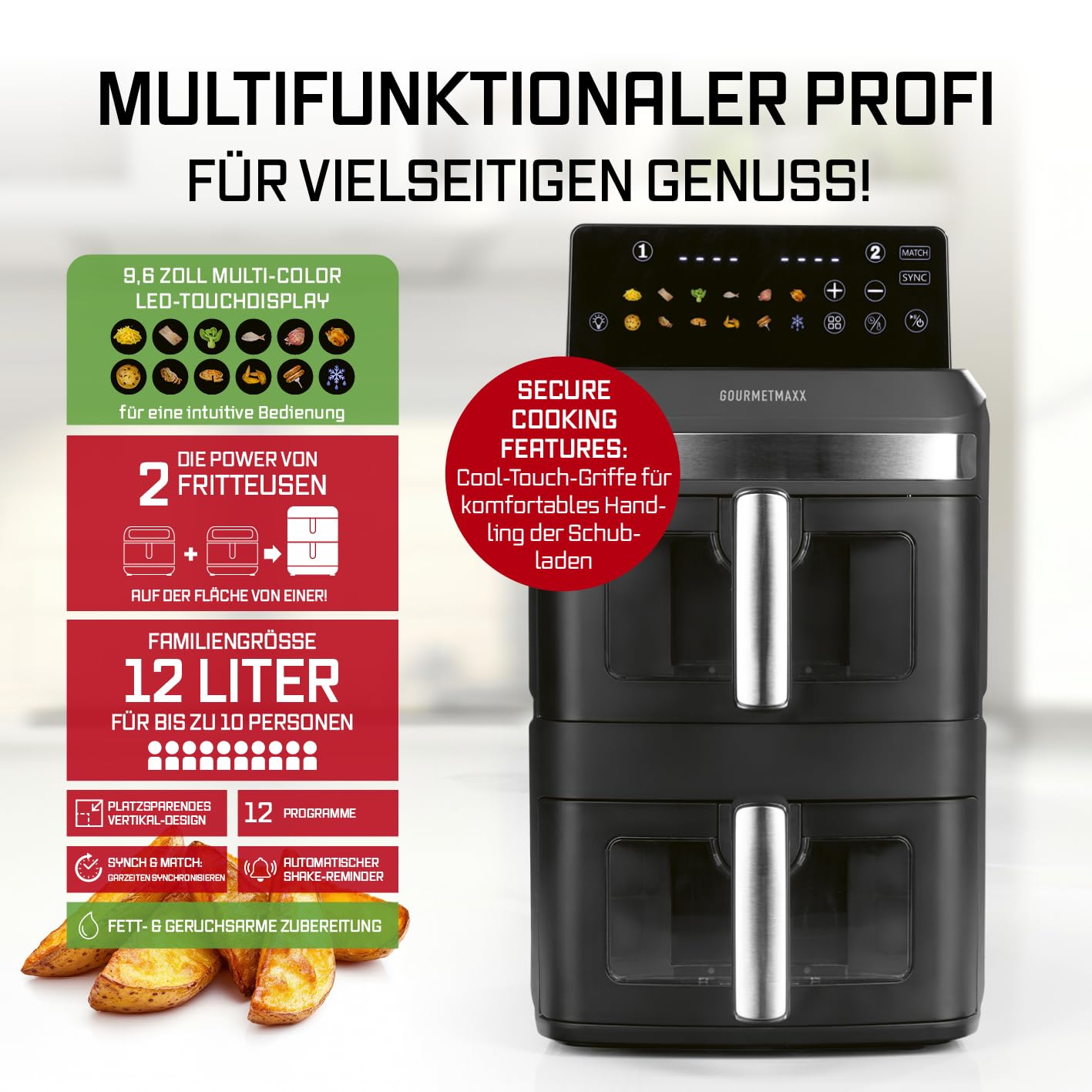 GOURMETmaxx Digitale Heißluftfritteuse 12 L, XXL-Edelstahl-Ofen | Airfryer + Timer, Touchdisplay, Drehspieß | fettarm, energiesparend frittieren | 10 Programme inkl. Pizza | 1800 W