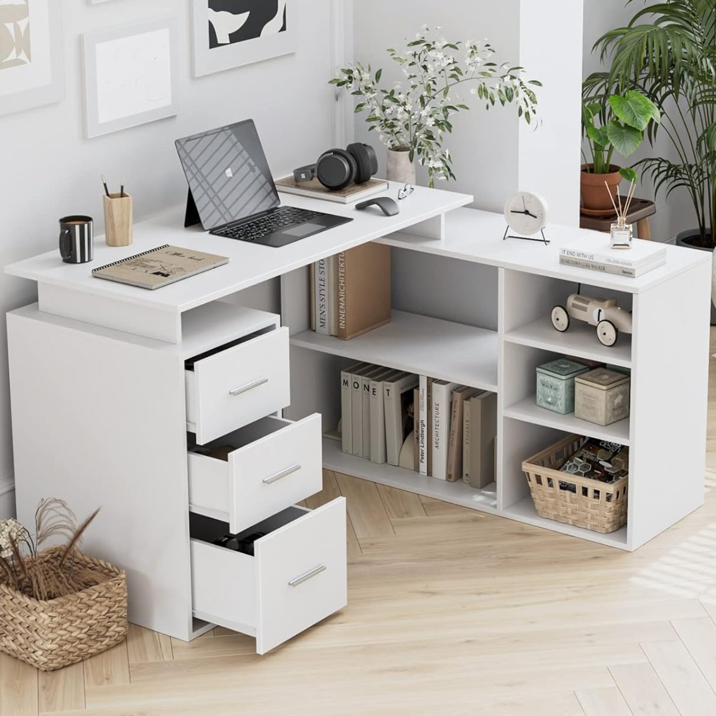 FirFurd 129 x 104 cm Corner Desk, L-shaped Desk, Kids Computer Desk for Adults with 3 Drawers and 5 Shelves for Home Office, 129 x 104 x 76 cm, White