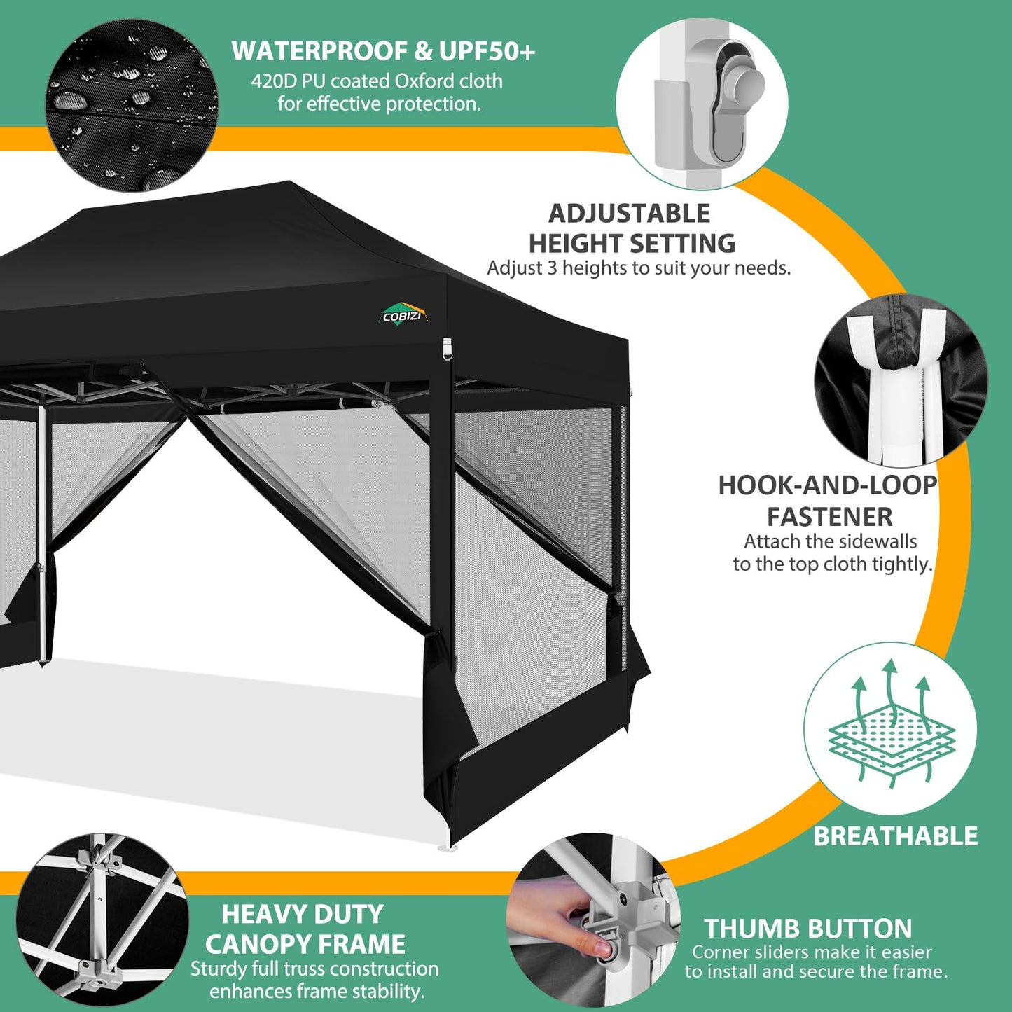 COBIZI Pavillon 3x3 Faltpavillon 3x3 Wasserdicht Stabil, Partyzelt Gartenpavillon UV-Schutz mit 4 Seitenwänden aus Mesh, Schwarz