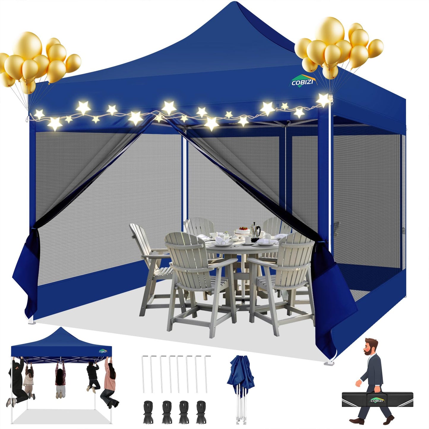 COBIZI Pavillon 3x3 Faltpavillon 3x3 Wasserdicht Stabil, Partyzelt Gartenpavillon UV-Schutz mit 4 Seitenwänden aus Mesh, Schwarz