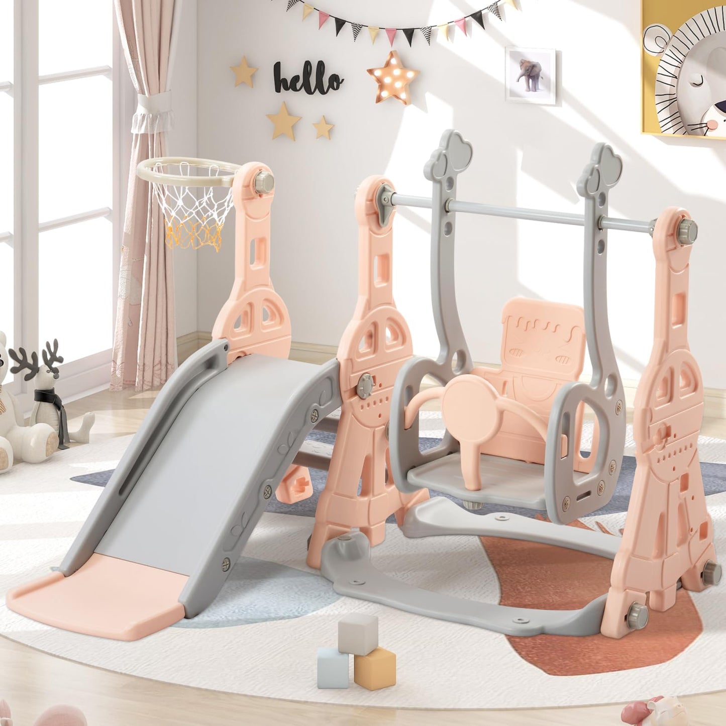Kinderrutsche, Babyschaukel, 4 in 1, mit Schaukeln, Treppen, Gleiten, Basketballgestellen, Spielplatz für drinnen und draußen, multifunktionale Rutsche (Rosa, Kaninchen)