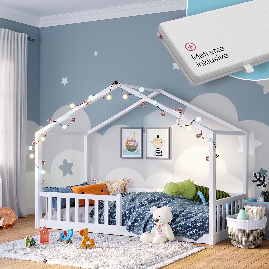 Bellabino Bia Children’s Bed, 90 x 200 cm, Children’s House Bed incl. Fall Protection and Rolled Slatted Frame, Montessori Floor Bed, White, Solid Pine Wood