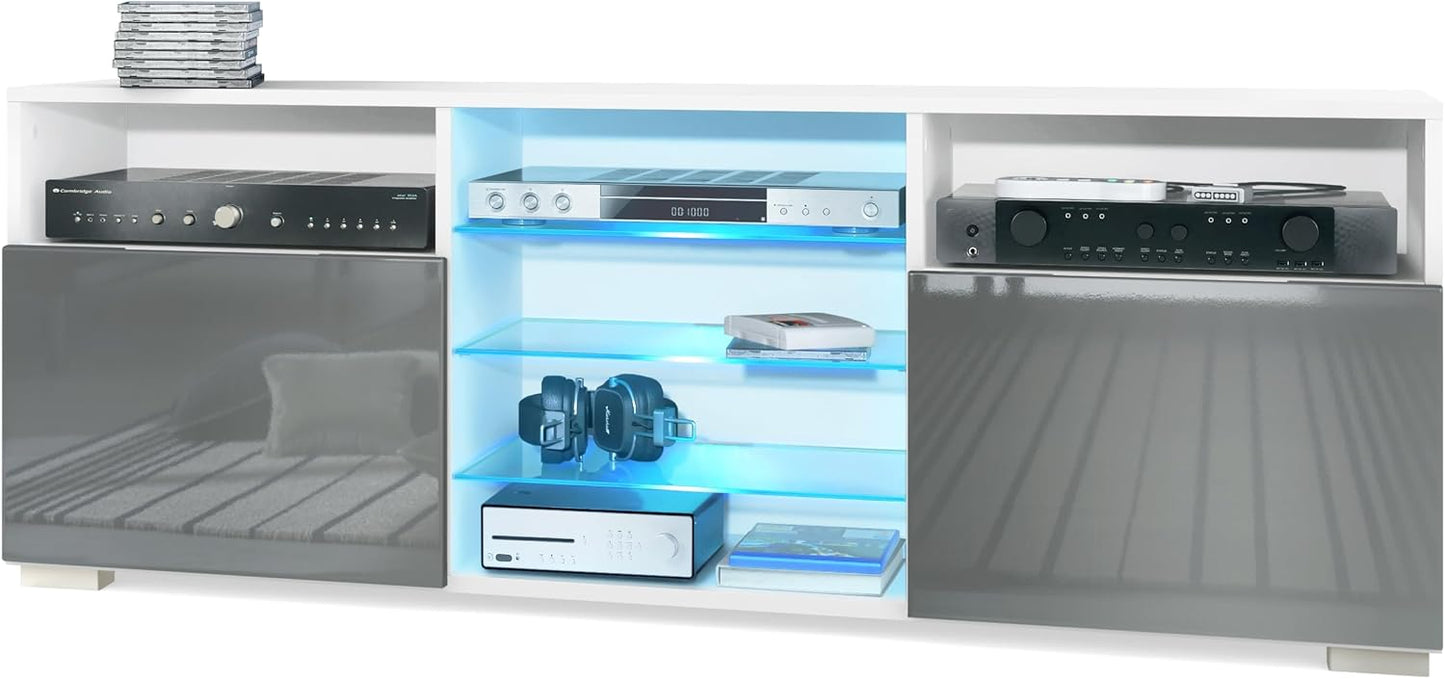 Vladon Granada TV Board Lowboard with 2 Doors and 6 Open Compartments, Matt White Body, Fronts in Sand Grey High Gloss (146 x 54 x 35 cm)