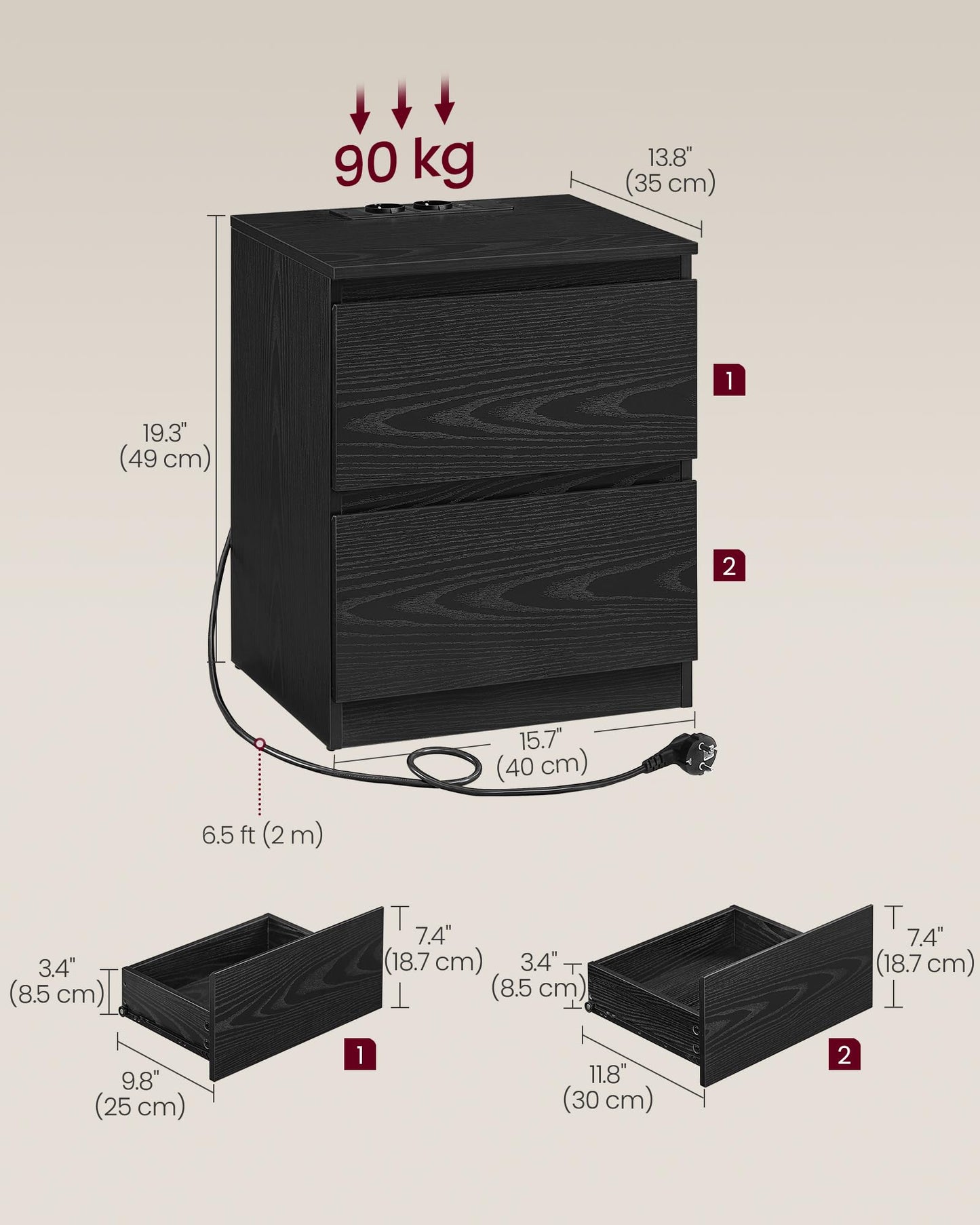 VASAGLE Kailyn Collection - Bedside Table with Power Strip, Set of 2, Side Table 2 Drawers, 2 AC Sockets, 2 USB-A Ports, for Bedroom, Cloud White LET821W02