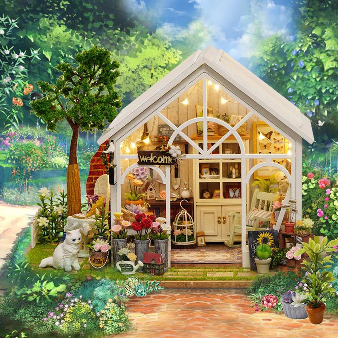UINOFER DIY Greenhouse Wood, Miniature Garden House Building with Furniture, Creative Construction Kit Adults, Model Kit for Adults and Children - Hanging Garden