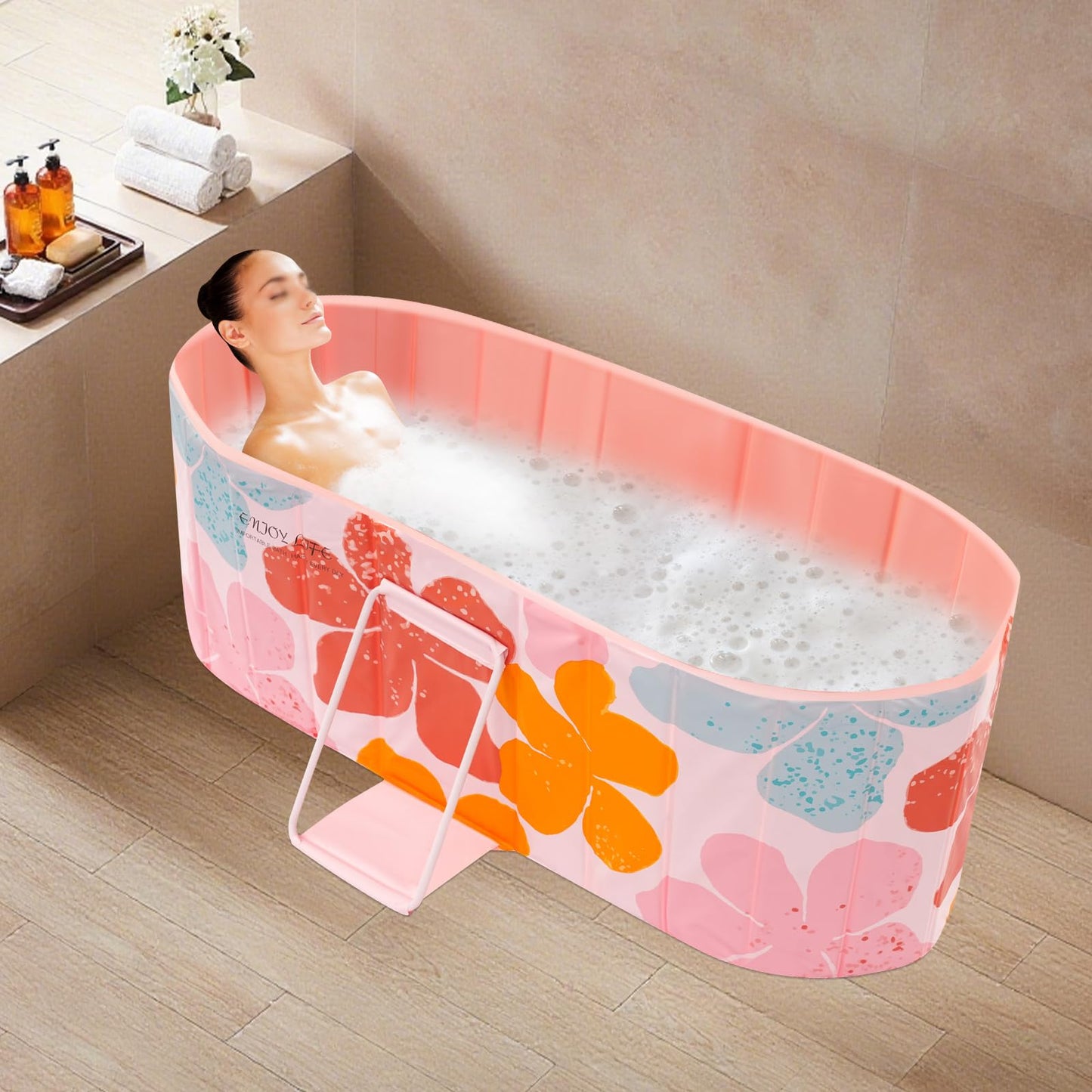 Foldable Bathtub for Adults, Portable Freestanding 1.5 m Large Bathtub for Ice Bath & Hot Water, Ideal for Home SPA, Outdoor & Families (Floral Pattern)