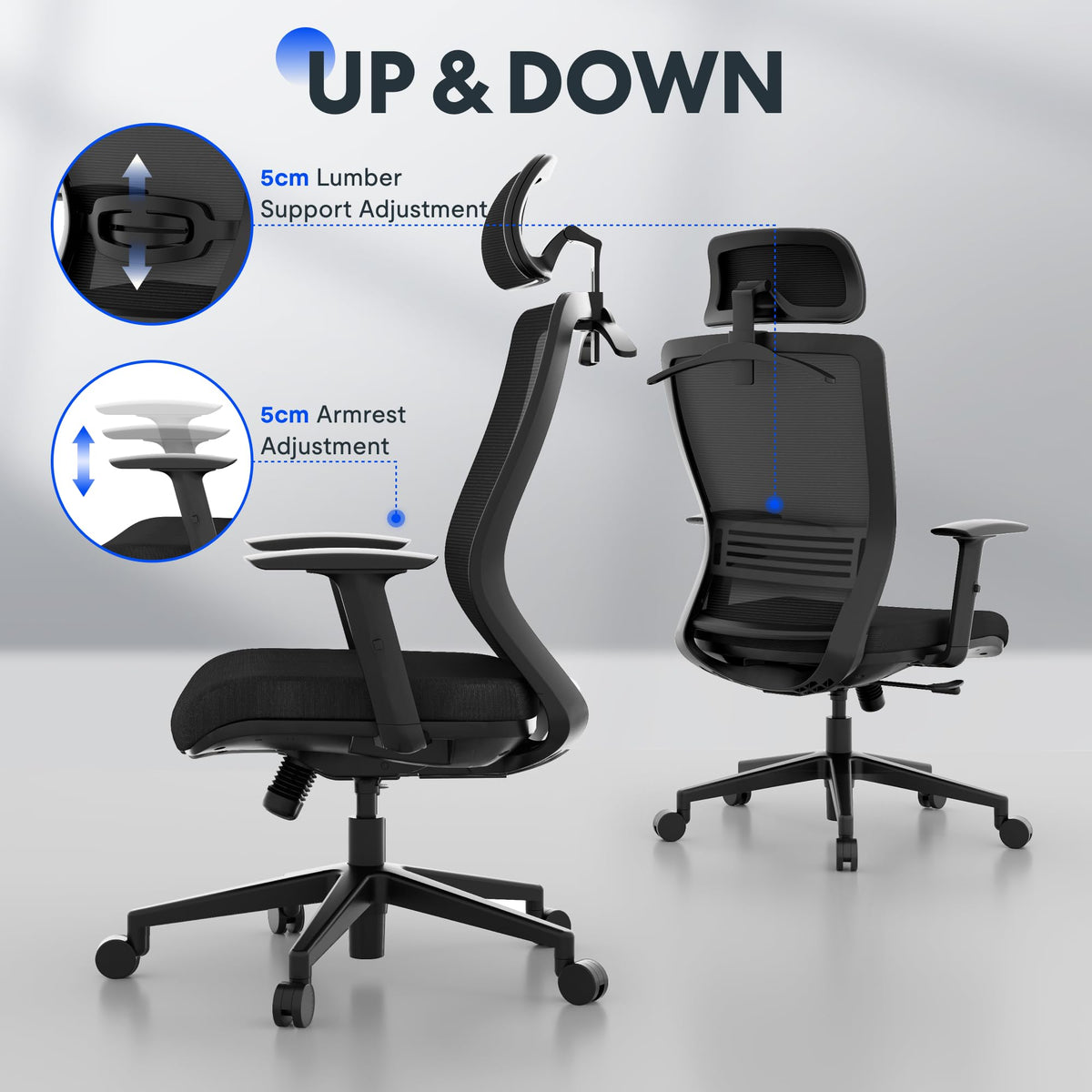 FLEXISPOT OC3C Office Chair Ergonomic Desk Chair Computer Chair Height-Adjustable Seat Headrest Armrest Lumbar Support Swivel Castors Work Chair