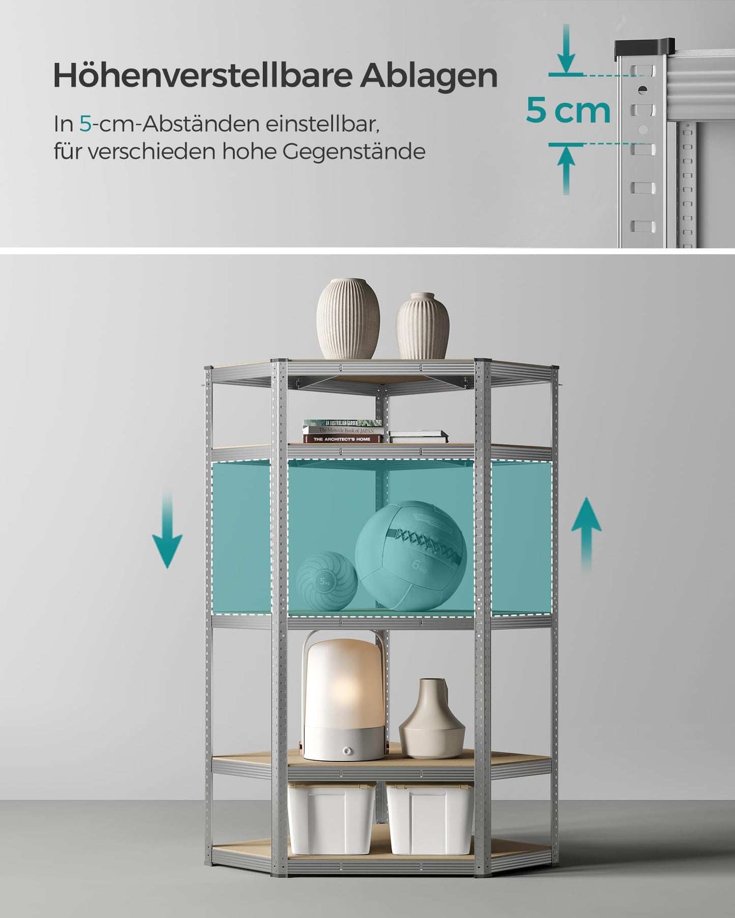 SONGMICS GLR080E01 Corner Shelving Unit 5 Levels Heavy Duty Metal Storage Shelf for Garage Storage Room Cellar Shelf Maximum Load 875 kg Silver Natural Beige