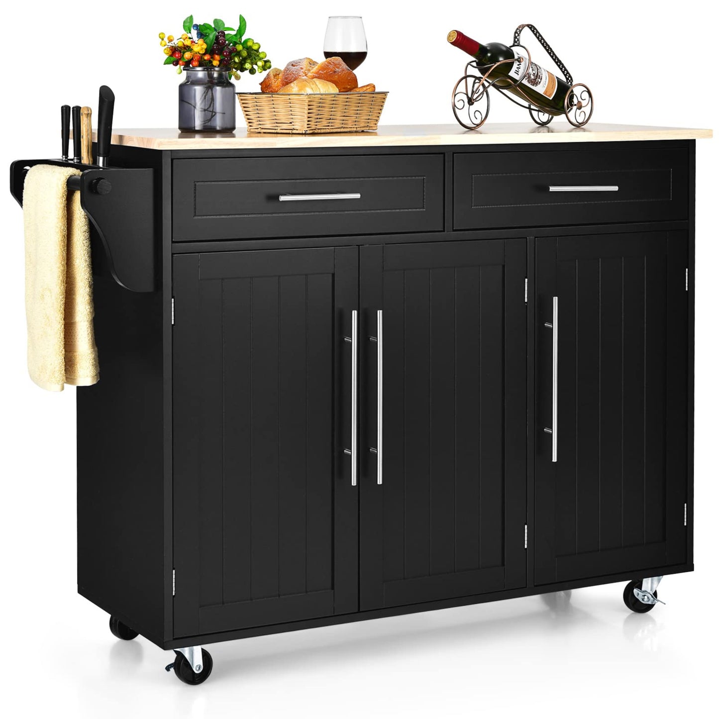 GOPLUS Kitchen Trolley on Wheels, Mobile Kitchen Island with 6 Compartments & 2 Drawers, Adjustable Shelves & Towel Rail, Service Trolley with Worktop (Black)