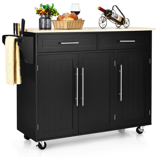 GOPLUS Kitchen Trolley on Wheels, Mobile Kitchen Island with 6 Compartments & 2 Drawers, Adjustable Shelves & Towel Rail, Service Trolley with Worktop (Black)