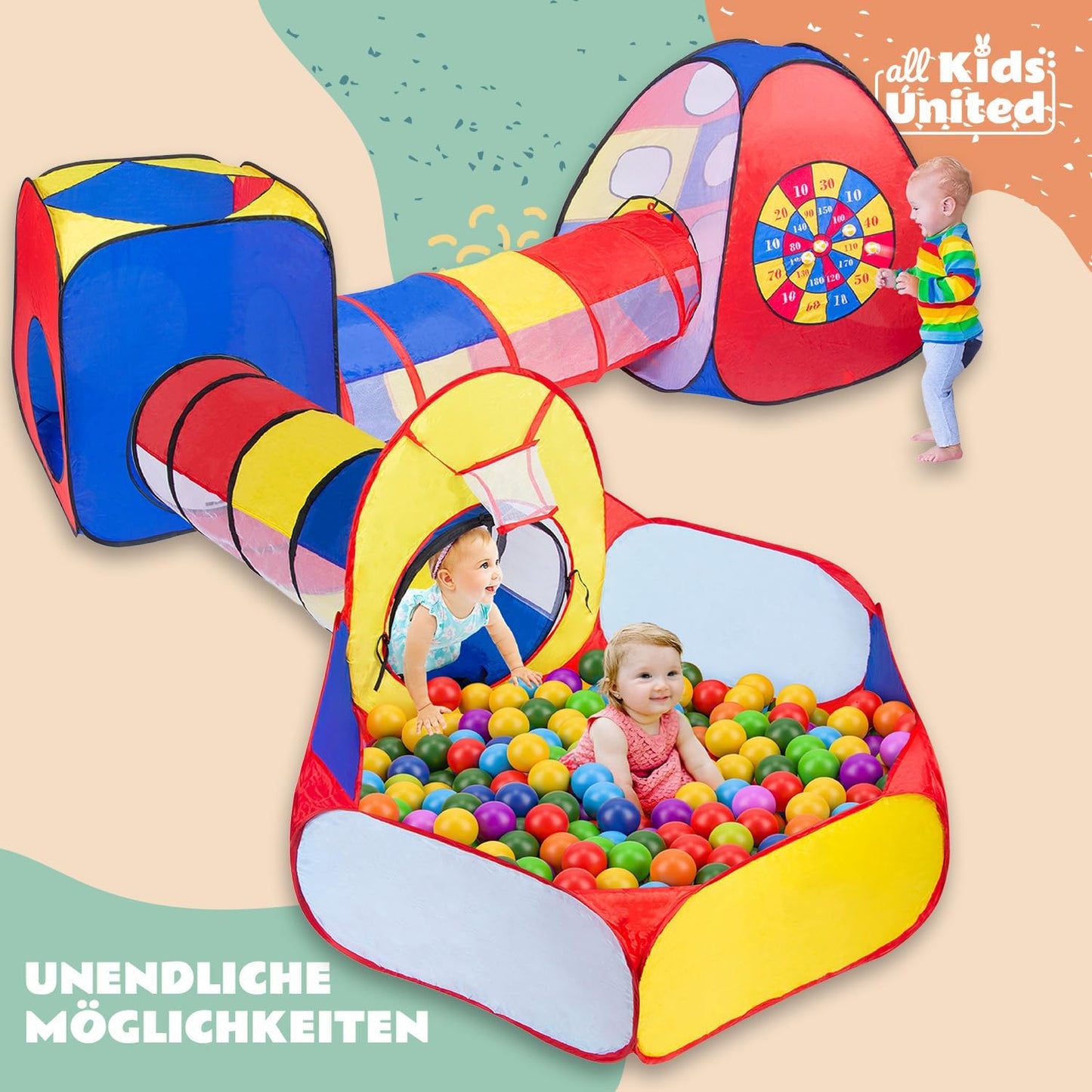 all Kids United® Play Tent with Tunnel, Ball Pit, Crawling Tunnel & More (without Balls) XXL Play Land 5-Piece Pop-Up Play House with Bag