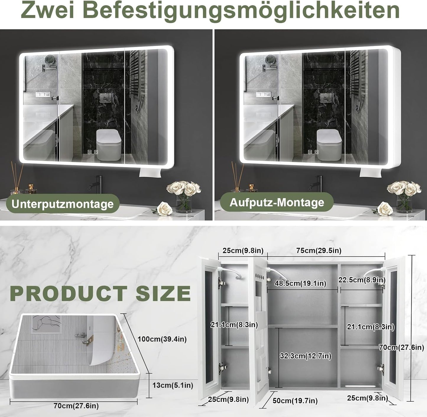 Aovquof Mirror Cabinet with Lighting - 90 x 60 cm Bathroom Mirror Cabinet with Storage Space, Bathroom Mirror Cabinet with Adjustable Dimmable LED Lights with Demist Function, Modern Cream Colour