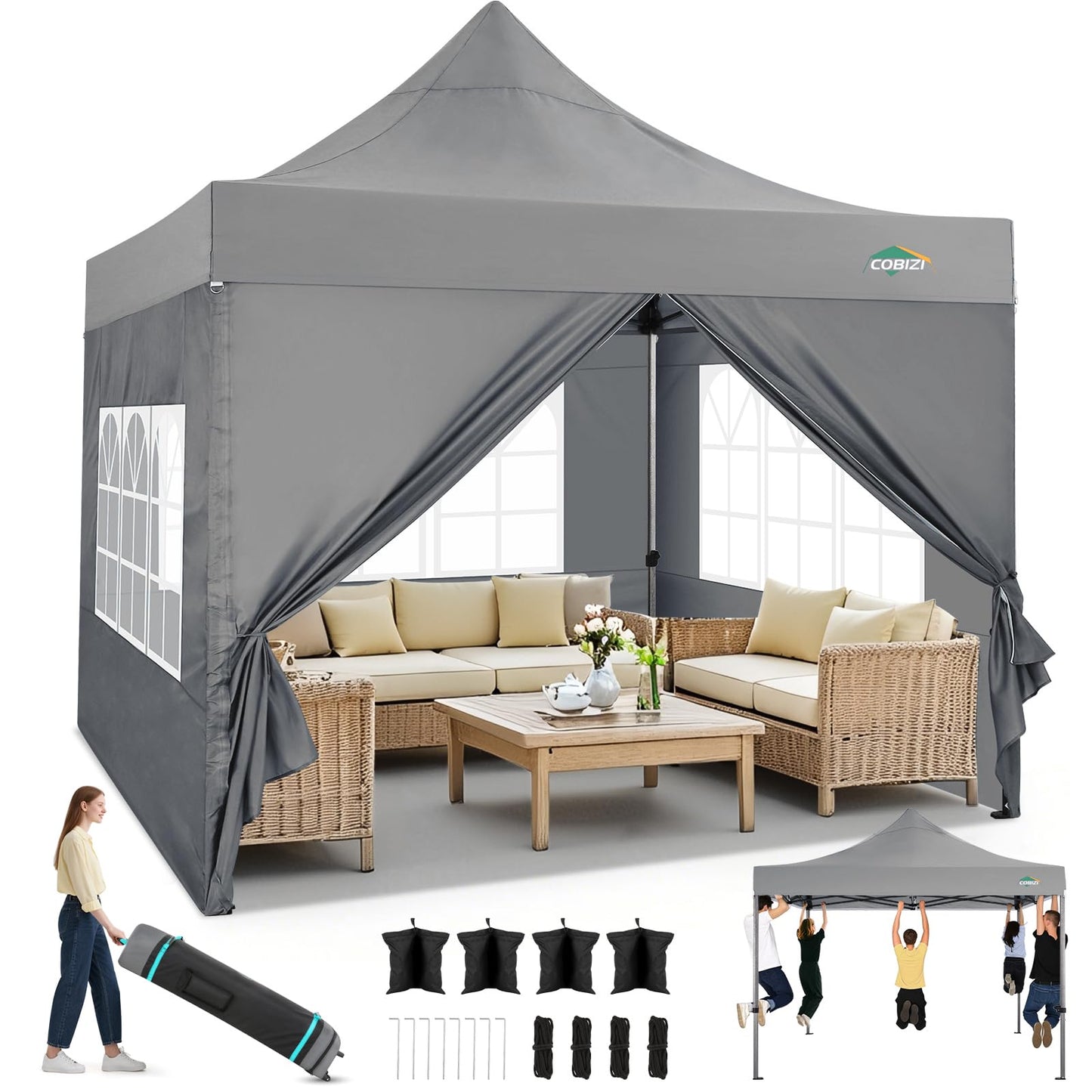 Tooluck Folding Gazebo, 3 x 4.5 m, Waterproof, Stable, Outdoor, Garden Party Tent, UV Protection 50+, with 4 Side Panels, Grey