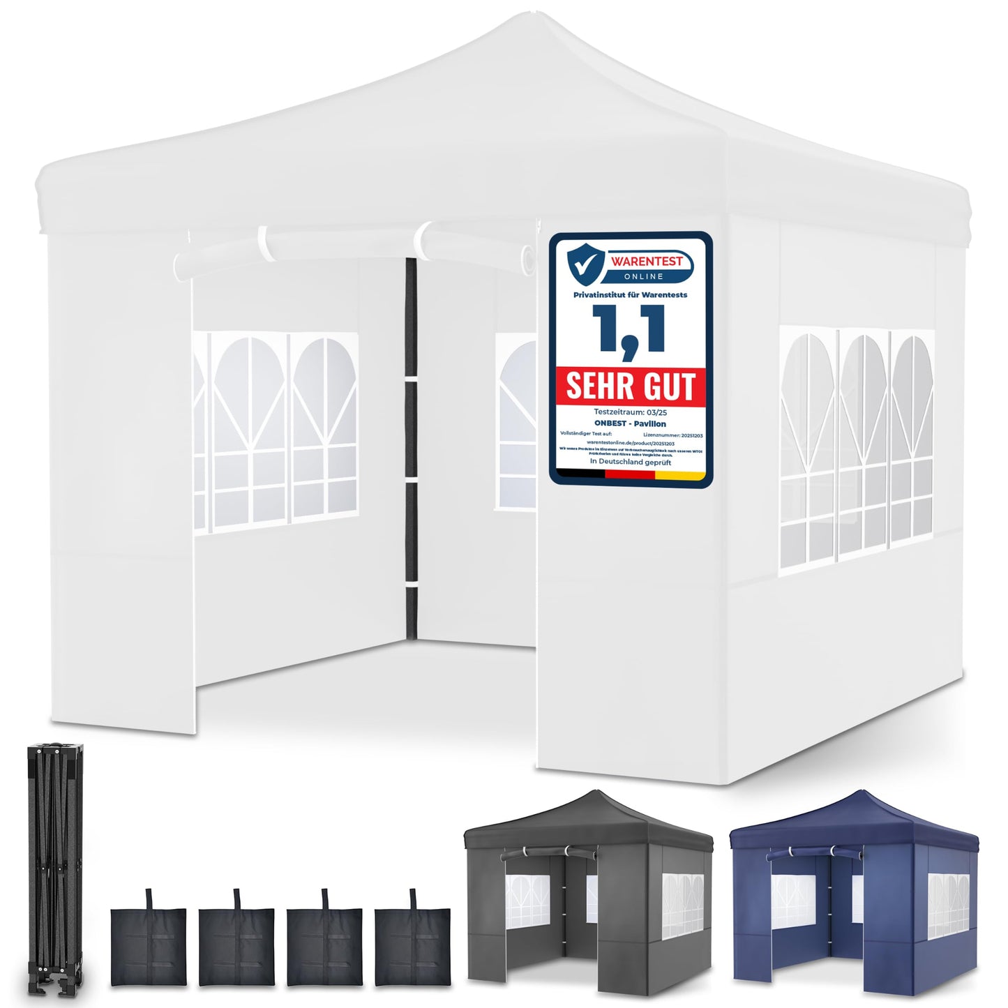 Gazebo - 3 x 3 m - Large Entrance - Waterproof - Pop Up Frame - Side Walls with 3 x 3 Windows - Additional with Bag - Foldable Outdoor Gazebo Folding Gazebo (Grey)