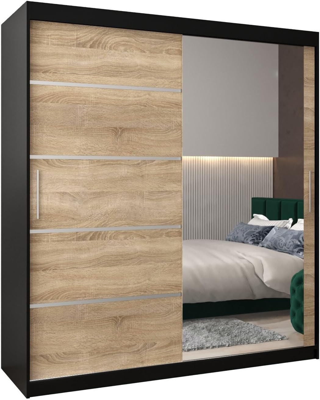 MEBLE KRYSPOL Verona 2, 250 cm Bedroom Wardrobe with Three Sliding Doors, Mirror, Clothes Rail and Shelves, 250 x 200 x 62 cm, Matt Black