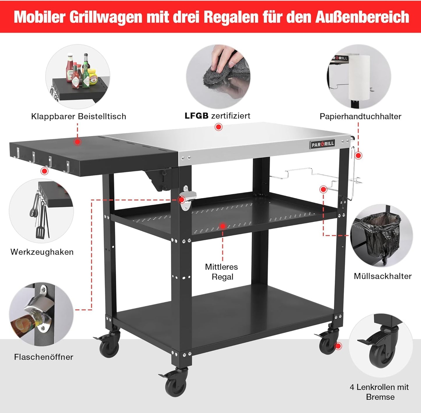 Three-tier movable dining trolley table