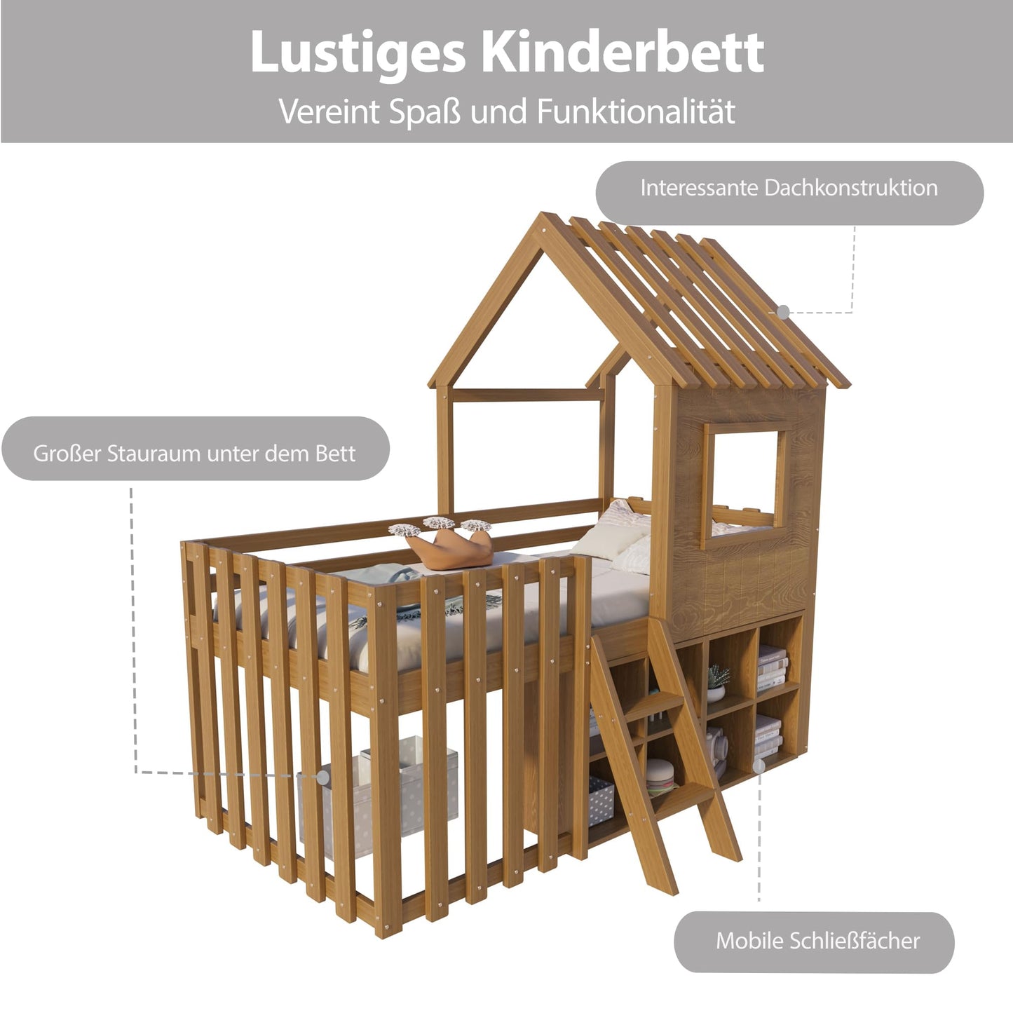 Children's Bed, House Bed 90 x 200 cm, Children's Bed Frame with Roof and Window, with Open Storage Space, with Climbing Ladder, Slatted Frame, Solid Wood Bed, Wooden Bed without Mattress (White)