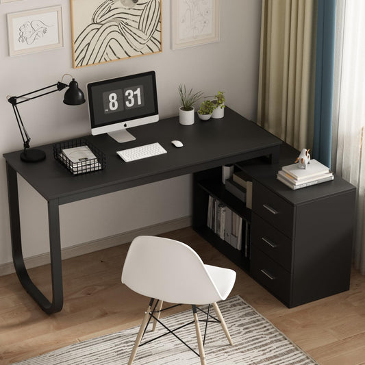 130cm Großer L Förm Schreibtisch mit 105cm Aktenschrank, Eckschreibtisch Computertisch mit 3 Schubladen & 2 Regalen, Arbeitsplatz Executive-Schreibtisch mit Lagerregal für Home Office (Schwarz)