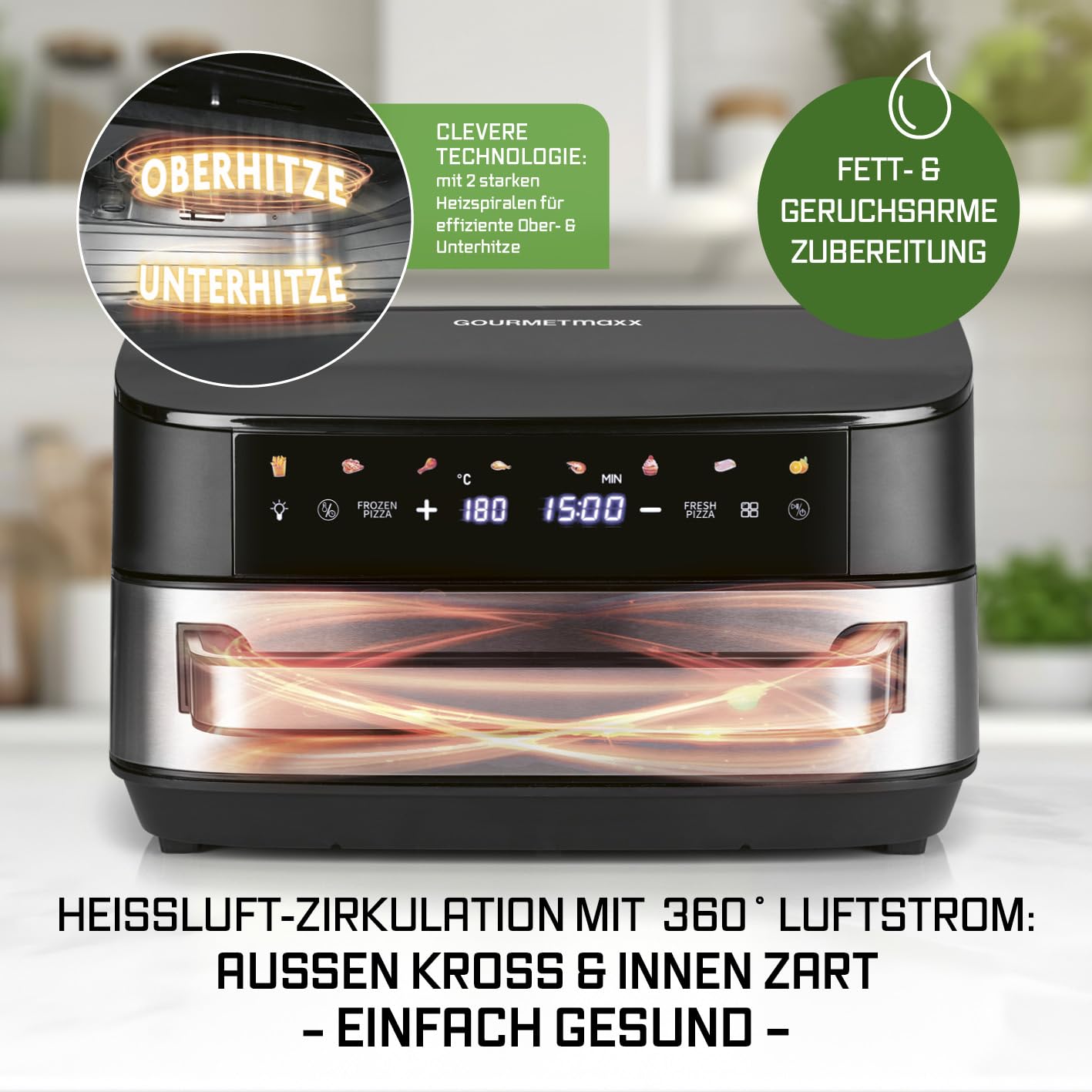 GOURMETmaxx Digitale Heißluftfritteuse 12 L, XXL-Edelstahl-Ofen | Airfryer + Timer, Touchdisplay, Drehspieß | fettarm, energiesparend frittieren | 10 Programme inkl. Pizza | 1800 W