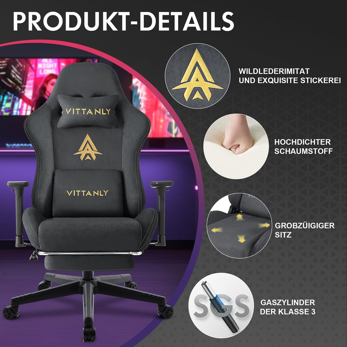 Vittanly Gaming Stuhl, Luxuriöser Wildlederimitat Gaming Chair Bürostuhl, Ergonomischer Schreibtischstuhl mit Fußstütze Kopfstütze und Lendenkissen, 3D Armlehnen, 90-155° Rückenlehne, Weinrot
