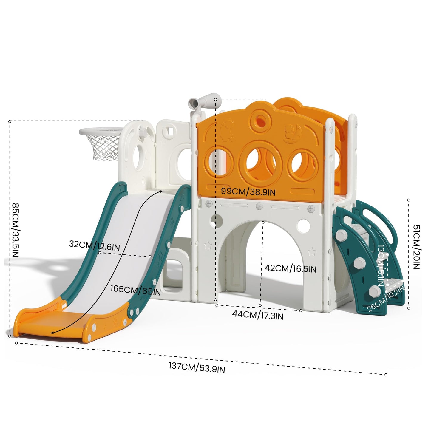 Hominewti 8-in-1 Kids Slide, Kids Playground with Basketball Hoop, Telescopic and Climbing Frame, Baby Slide for Toddlers, Playground for Indoor and Outdoor Use, Green