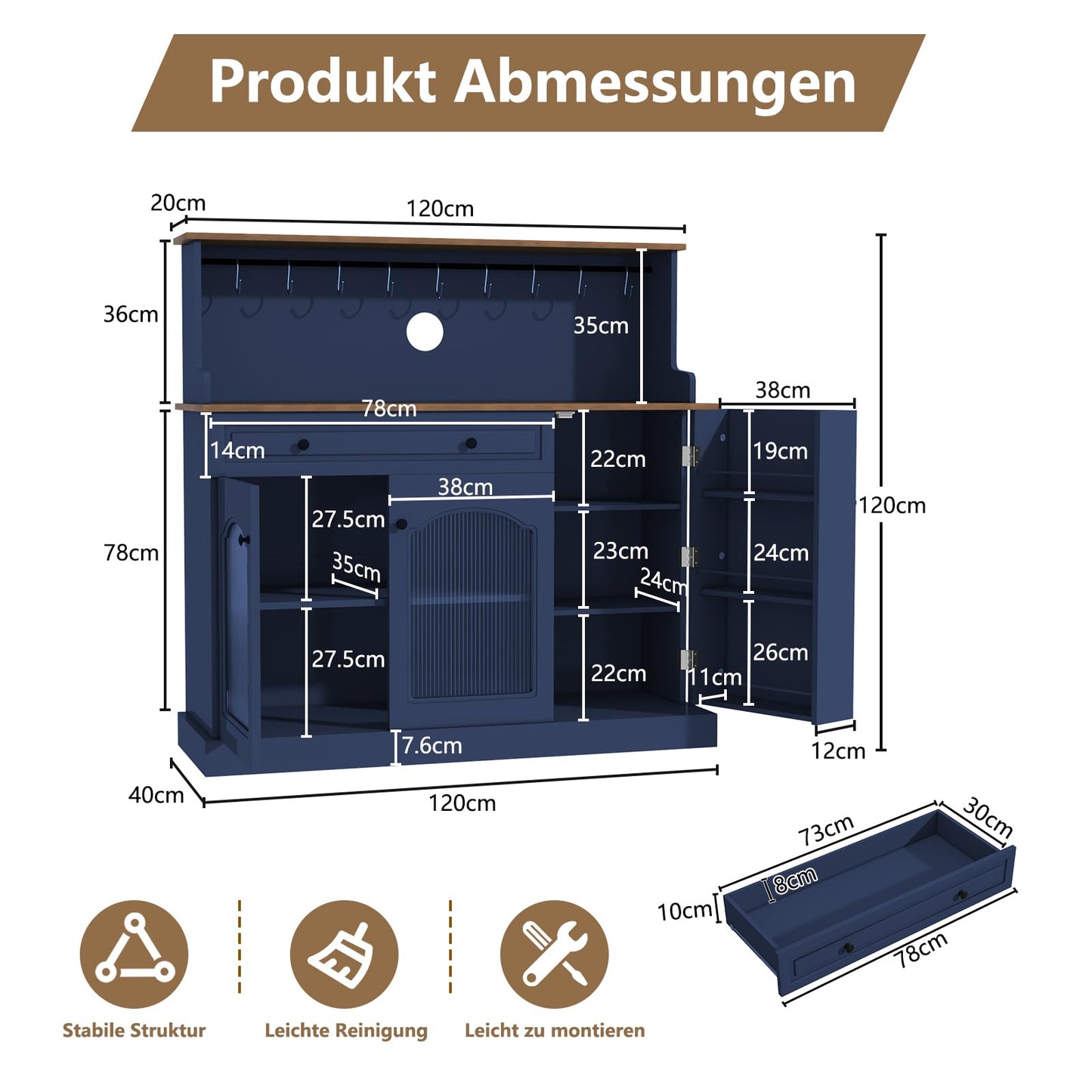 HOLTICO Küchenschrank mit Arbeitsplatte, Küchenbuffet Buffetschrank Grün, Weinschrank mit Schublade und Oberer Ablage, Kommoden & Sideboards für Wohnzimmer, Esszimmer
