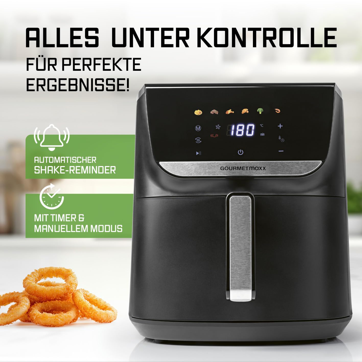 GOURMETmaxx Digitale Heißluftfritteuse 12 L, XXL-Edelstahl-Ofen | Airfryer + Timer, Touchdisplay, Drehspieß | fettarm, energiesparend frittieren | 10 Programme inkl. Pizza | 1800 W