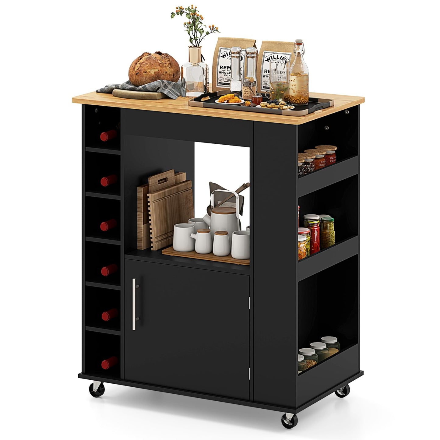 COSTWAY Kitchen Trolley on Wheels, Serving Trolley with Worktop & Towel Holder & Spice Racks, Wine Rack for 6 Bottles, Kitchen Island Wood, Kitchen Cabinet Rollable, for Kitchen, Dining Room, Bar