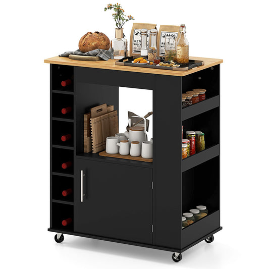 COSTWAY Kitchen Trolley on Wheels, Serving Trolley with Worktop & Towel Holder & Spice Racks, Wine Rack for 6 Bottles, Kitchen Island Wood, Kitchen Cabinet Rollable, for Kitchen, Dining Room, Bar