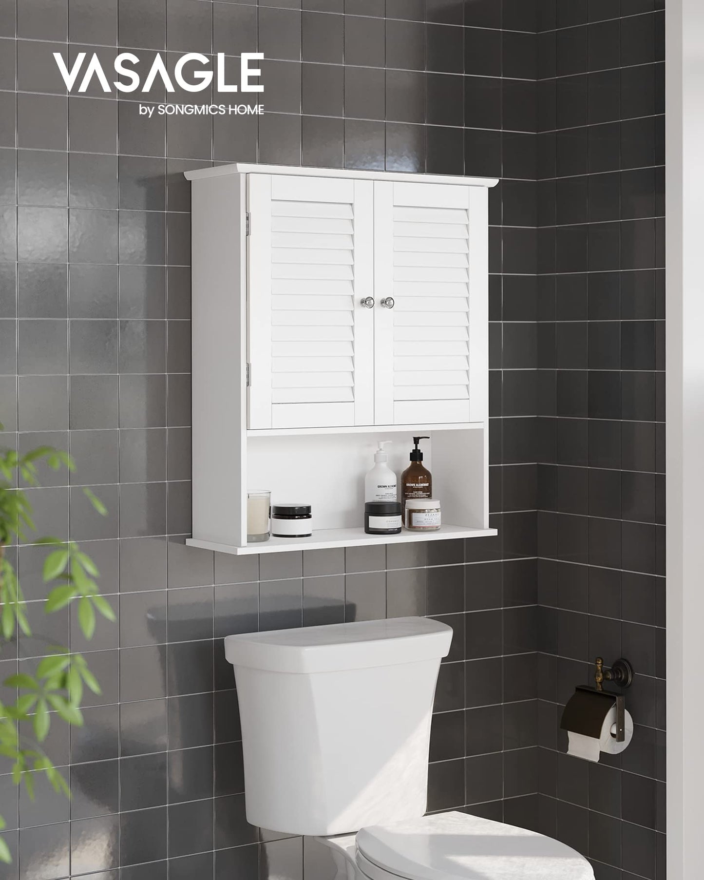 VASAGLE Wall Mounted Bathroom Cabinet, Medicine Cabinet with Height-Adjustable Shelf, Double Door, Open Compartment, 60 x 20 x 70 Cm, Wood, White, BBC27WT