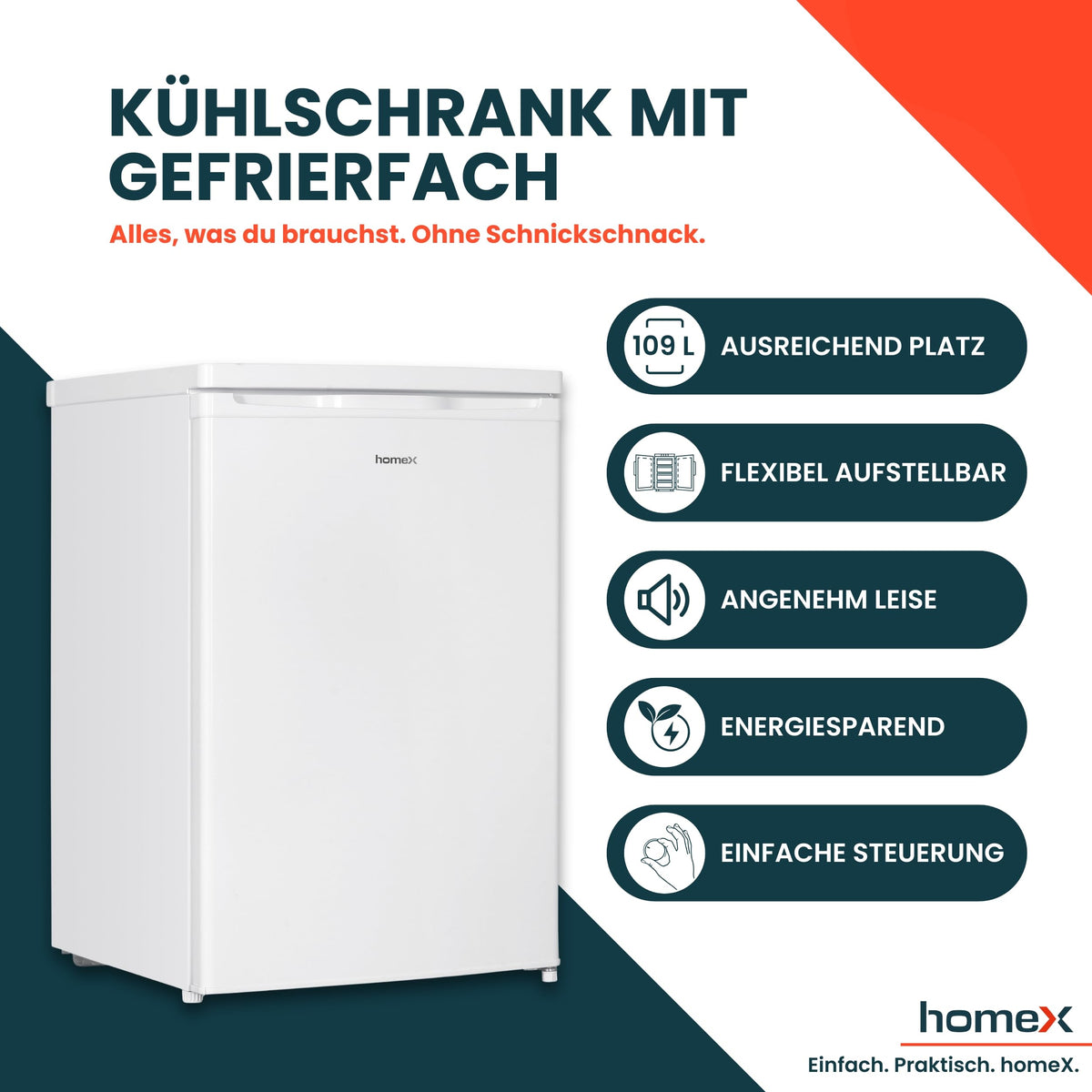 homeX Fridge without Freezer, Full-Room Fridge Small - 88 L Net Capacity, Freestanding and Compact, Table Fridge Quiet 39 dB, Fridge with LED Interior Lighting and Temperature Control, Silver