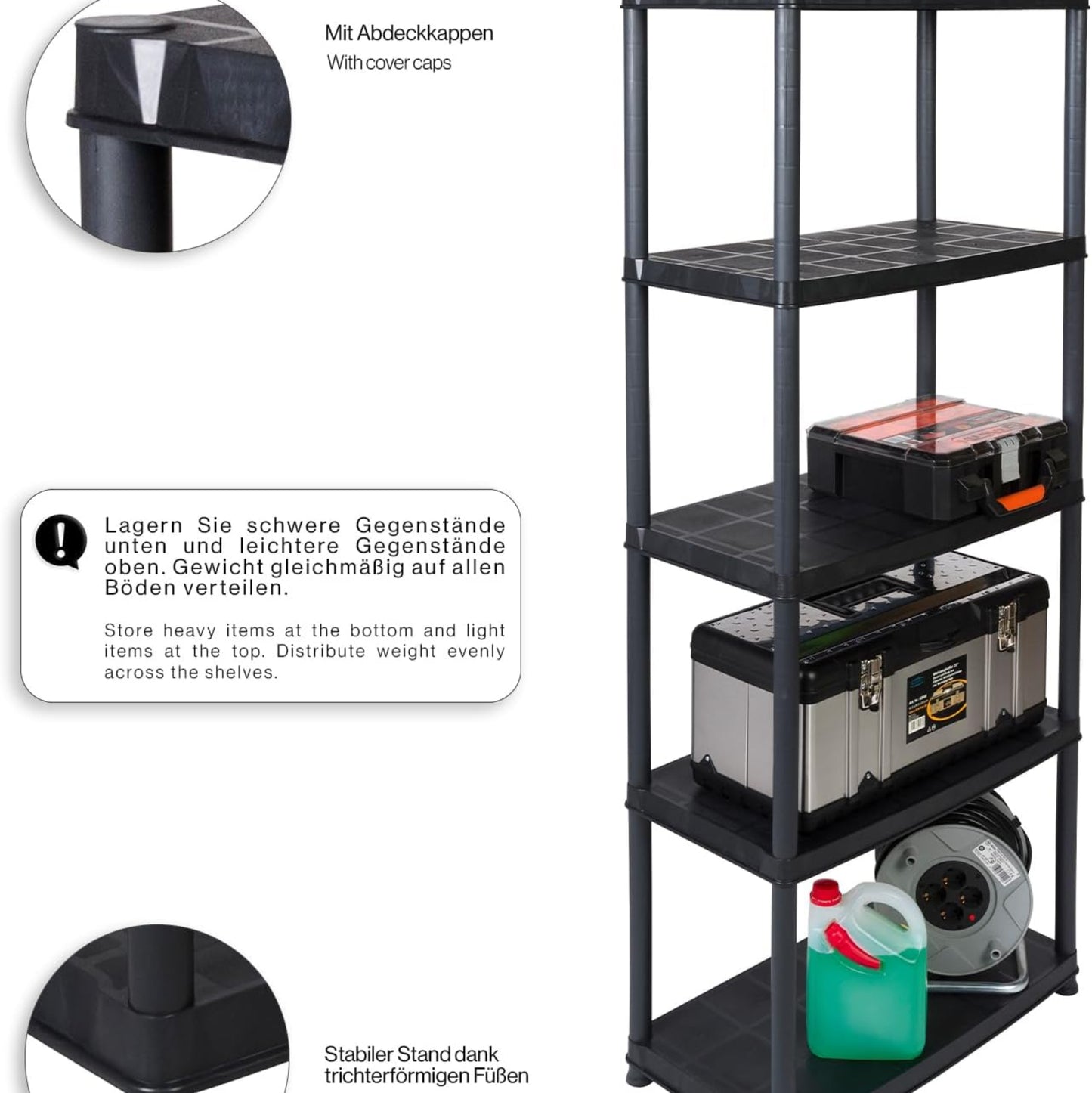 Kreher 3 x Plastic Shelving Basement Shelving Unit Storage Shelving Unit in Black with 5 Shelves Maximum Load 150 kg per Shelf 71 x 38 x 171 H cm TÜV Rheinland