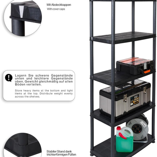 Kreher 3 x Plastic Shelving Basement Shelving Unit Storage Shelving Unit in Black with 5 Shelves Maximum Load 150 kg per Shelf 71 x 38 x 171 H cm TÜV Rheinland