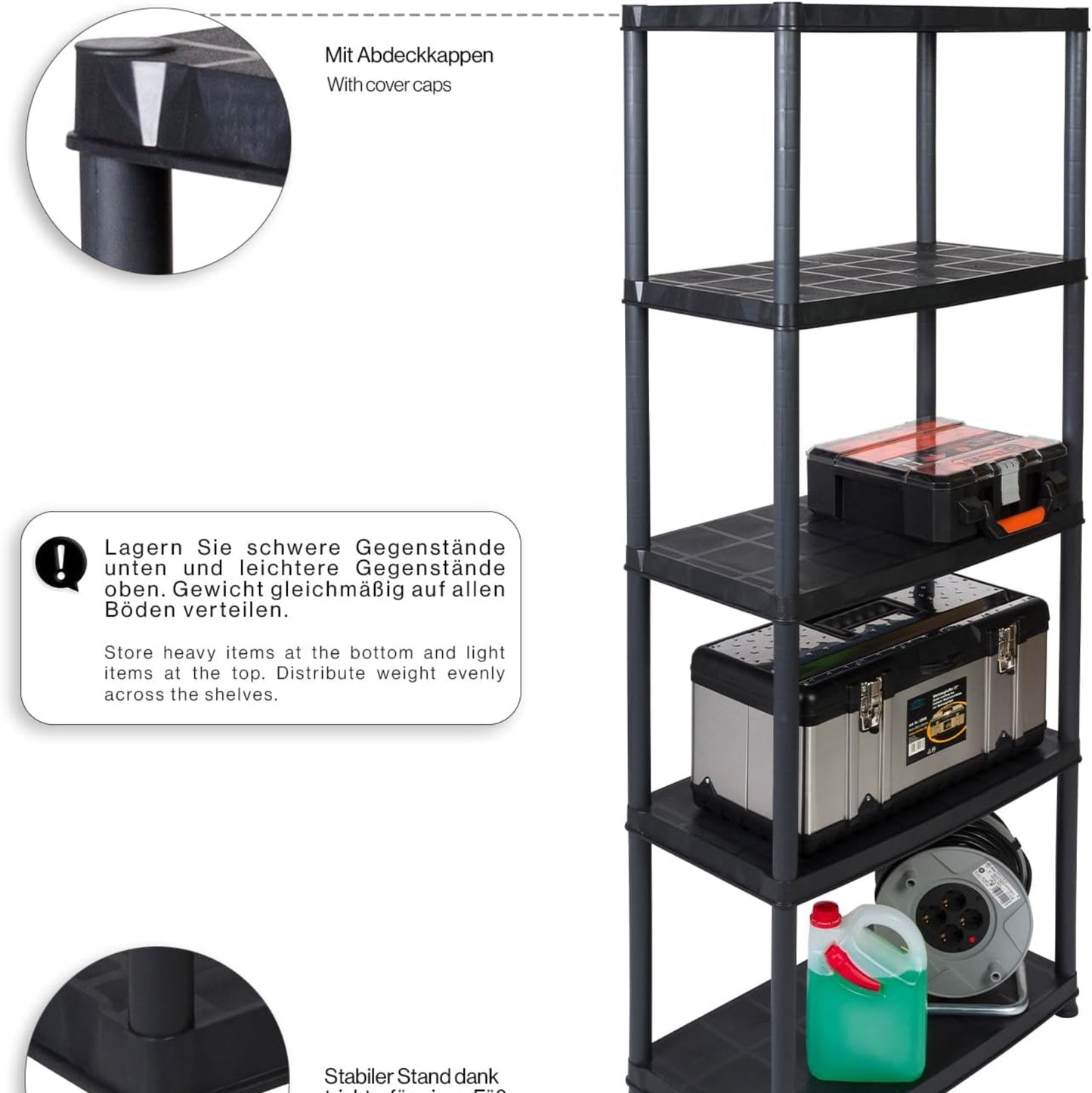 Pack of 2 Plastic Shelving Units With 5 Solid Shelves, Can Hold Up To 30 kg/Shelf Dimensions (W x D x H) in cm per shelf: 71 x 38 x 171 cm.