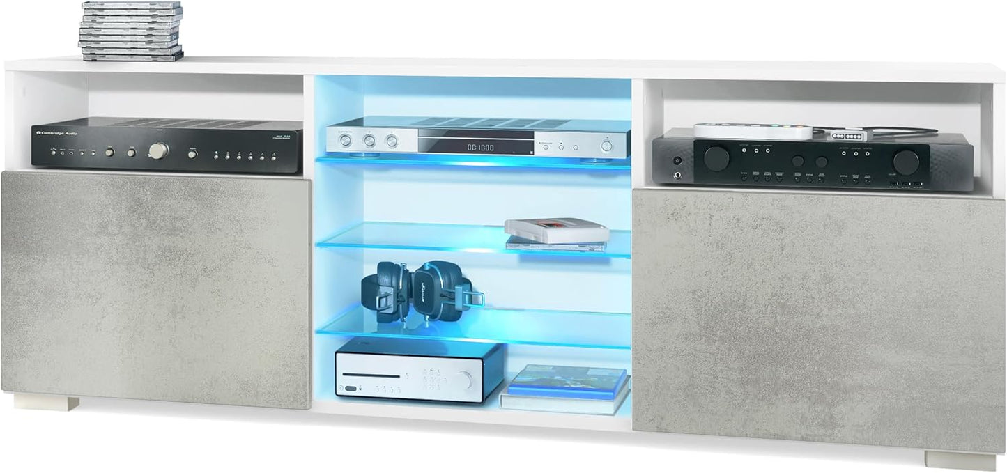 Vladon Granada TV Board Lowboard with 2 Doors and 6 Open Compartments, Matt White Body, Fronts in Sand Grey High Gloss (146 x 54 x 35 cm)