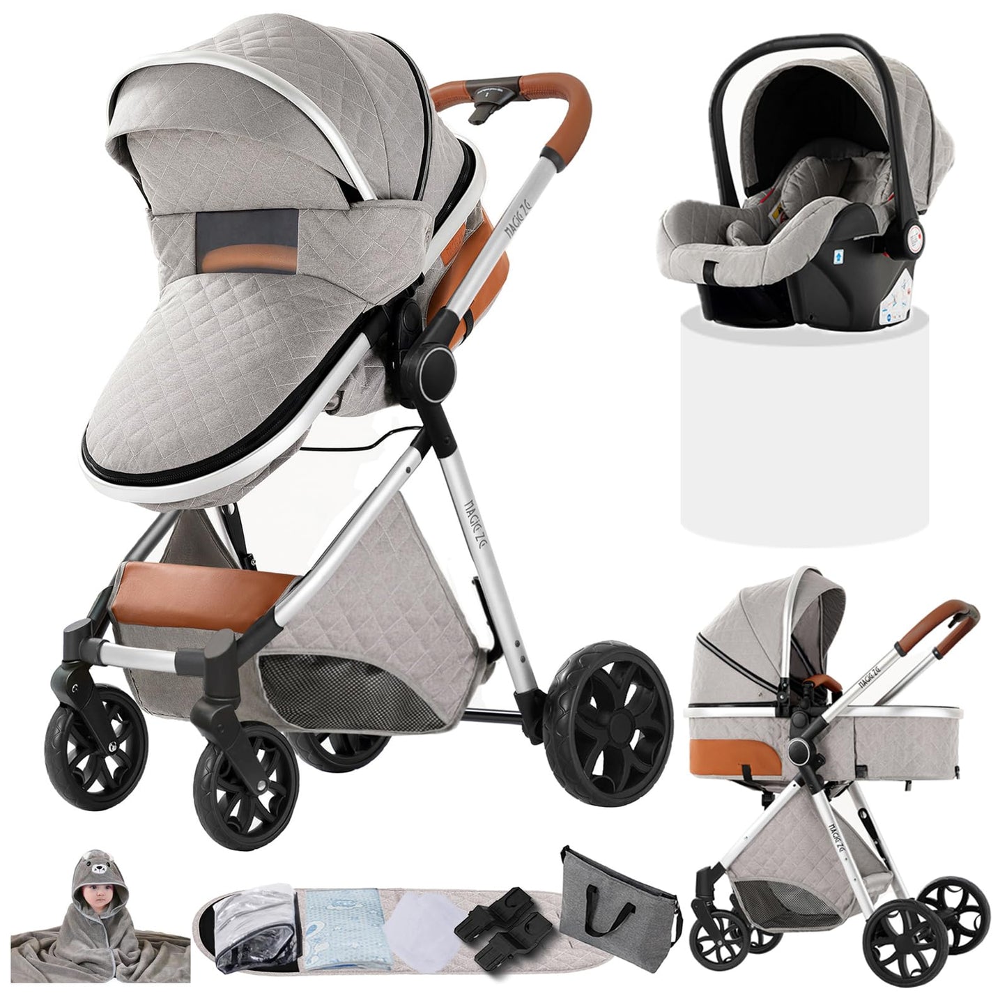 Doraystar 360° Rotation PU Leather Pushchair 3-in-1 Combination Pushchair 3-in-1 with Two Reversible Sliding Modes, Pushchair Complete Set with One-Click Folding Design, Aluminium Alloy Frame (906