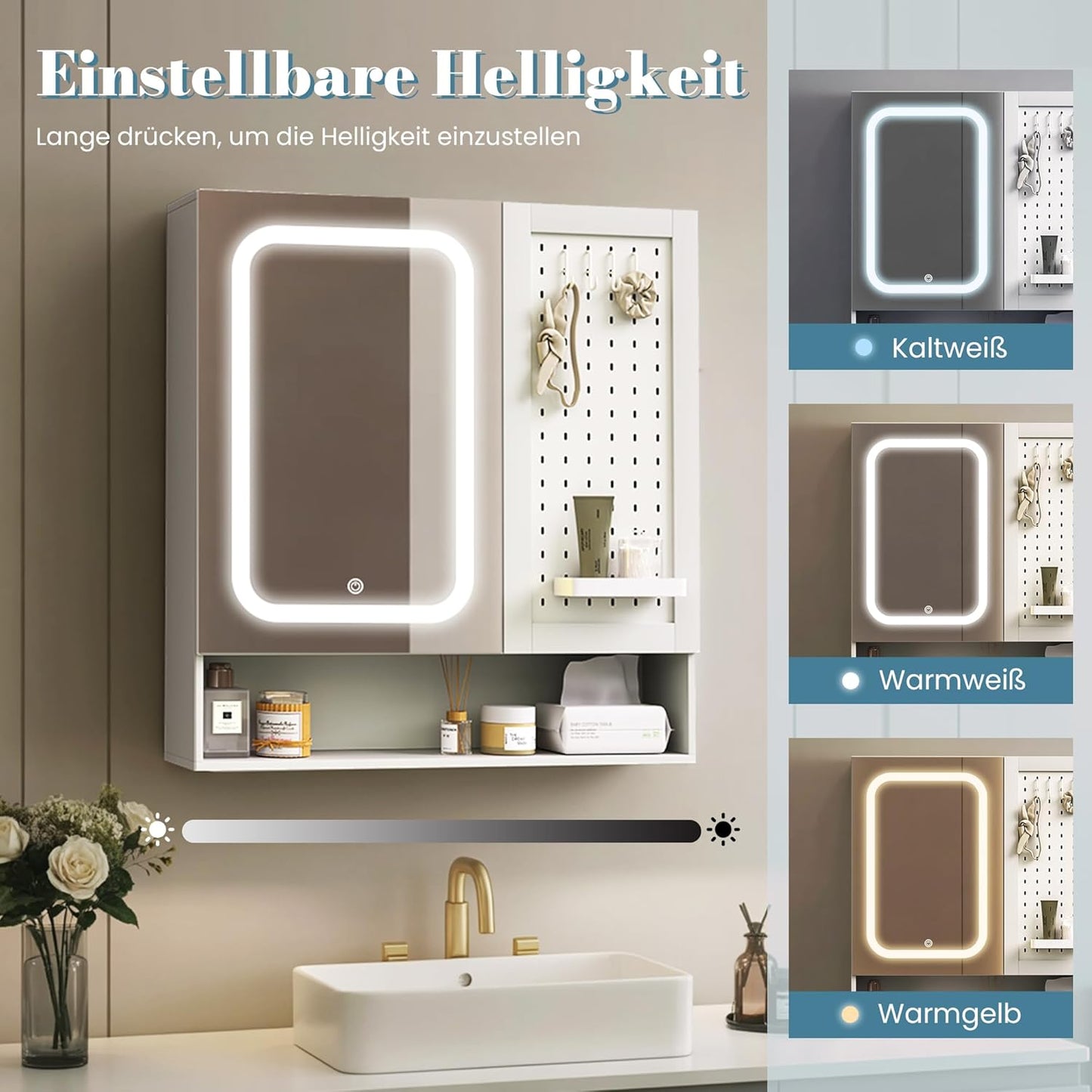 Pamapic Bathroom Mirror Cabinet with Lighting, Bathroom Cabinet with Mirror, Wall Cabinet Bathroom with Pegboard & Adjustable Shelves, Cabinet with Bathroom Mirror, 3 Colours, Dimmable, White
