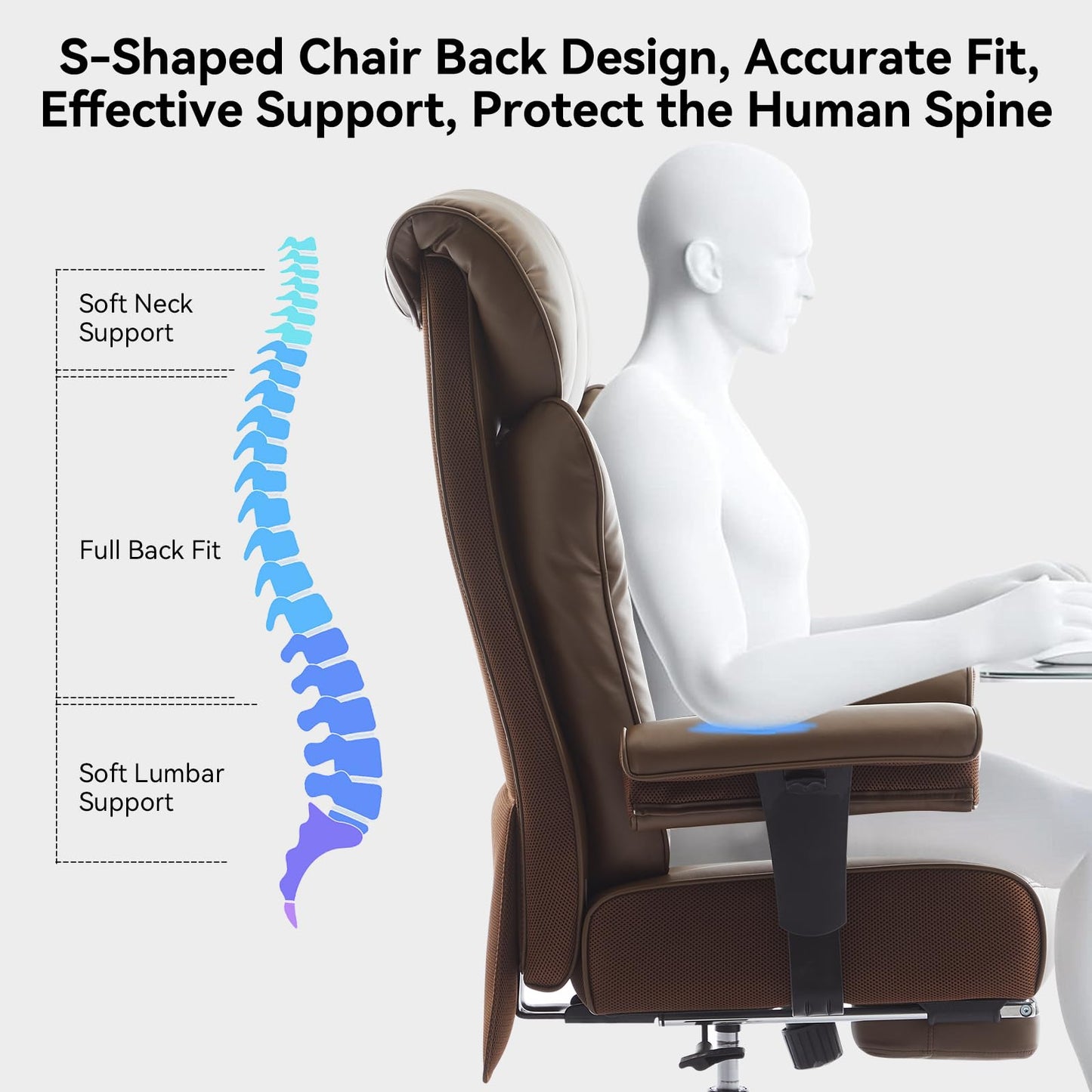 Efomao XXL Office Chair 200 kg with Footrest, Faux Leather Executive Chair with High Backrest, Adjustable Padded Armrests, Lumbar Support for Home or Office, Sturdy Computer Chair, Brown